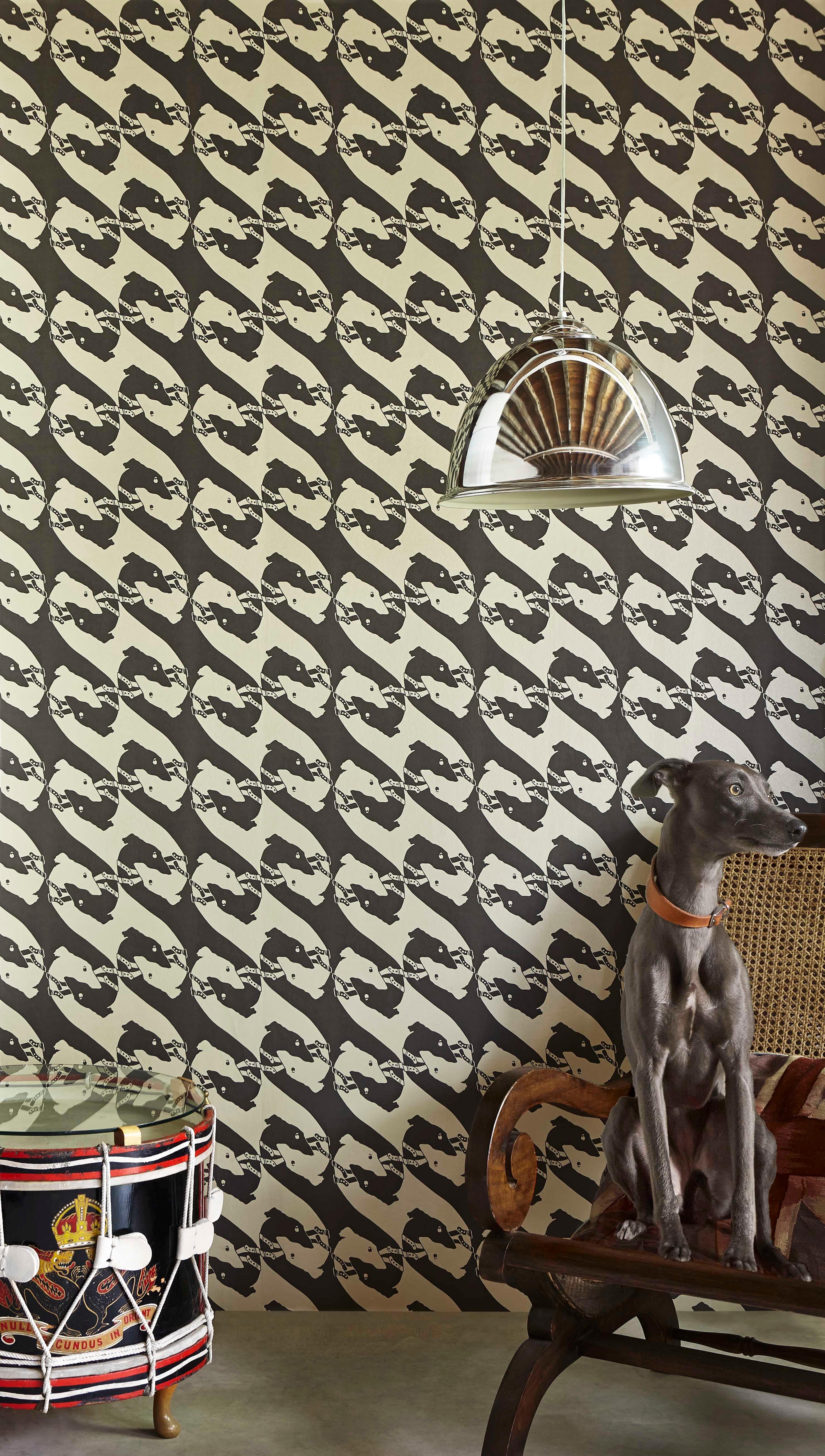 'The Dogs' Contemporary, Traditional Wallpaper in Pale Grey For Sale 1