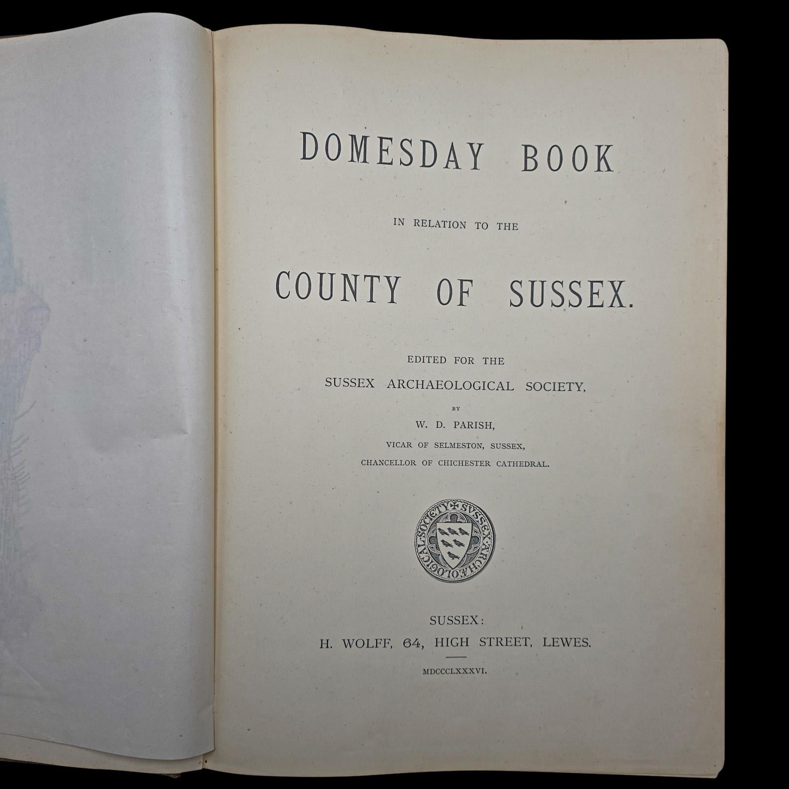 The Domesday Book, Sussex Archaeological Society, Antique Historical Reference In Good Condition For Sale In Hele, Devon, GB
