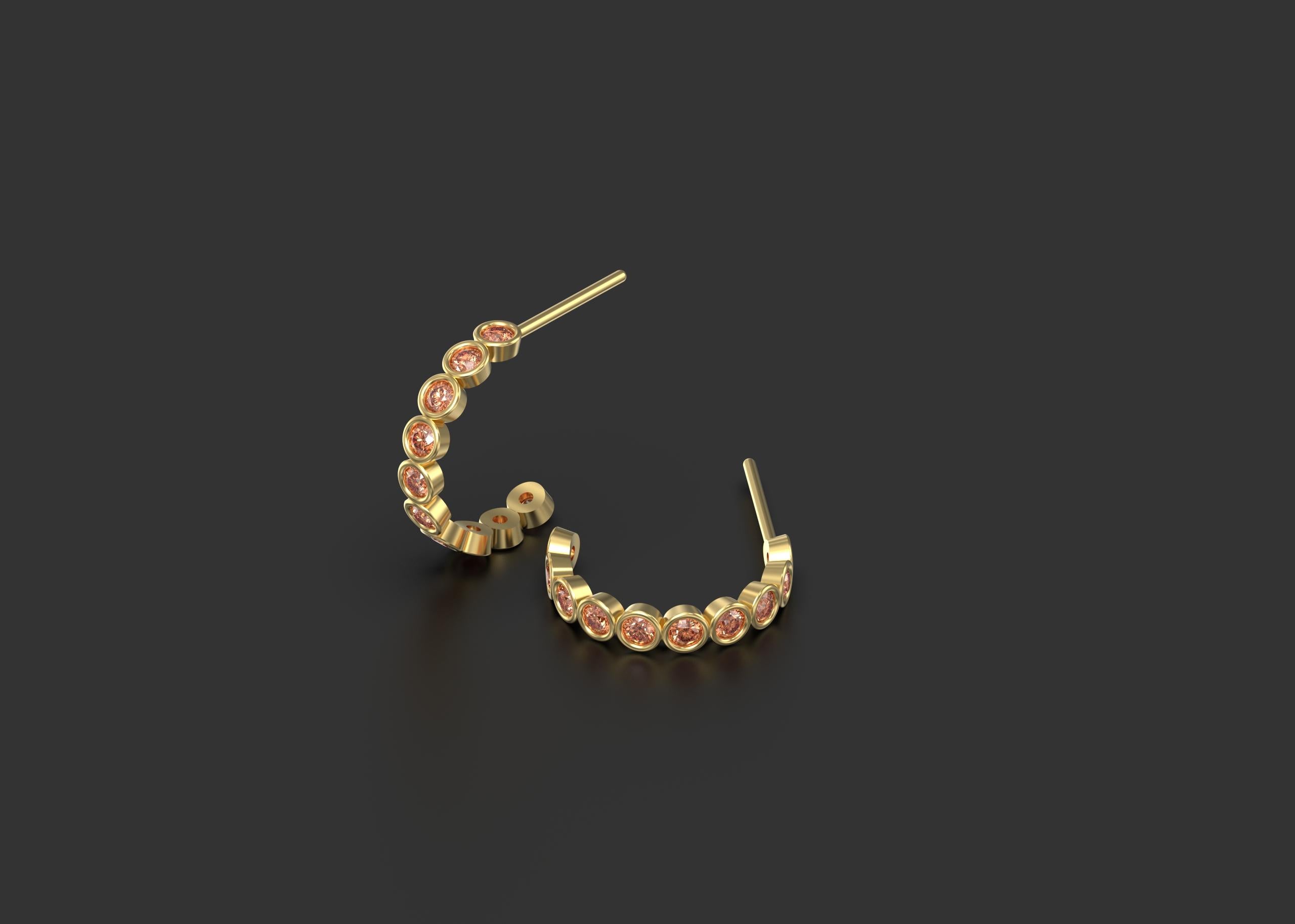 Modern Dotted Gems Hoops Earrings, 14 Carat Yellow Gold For Sale