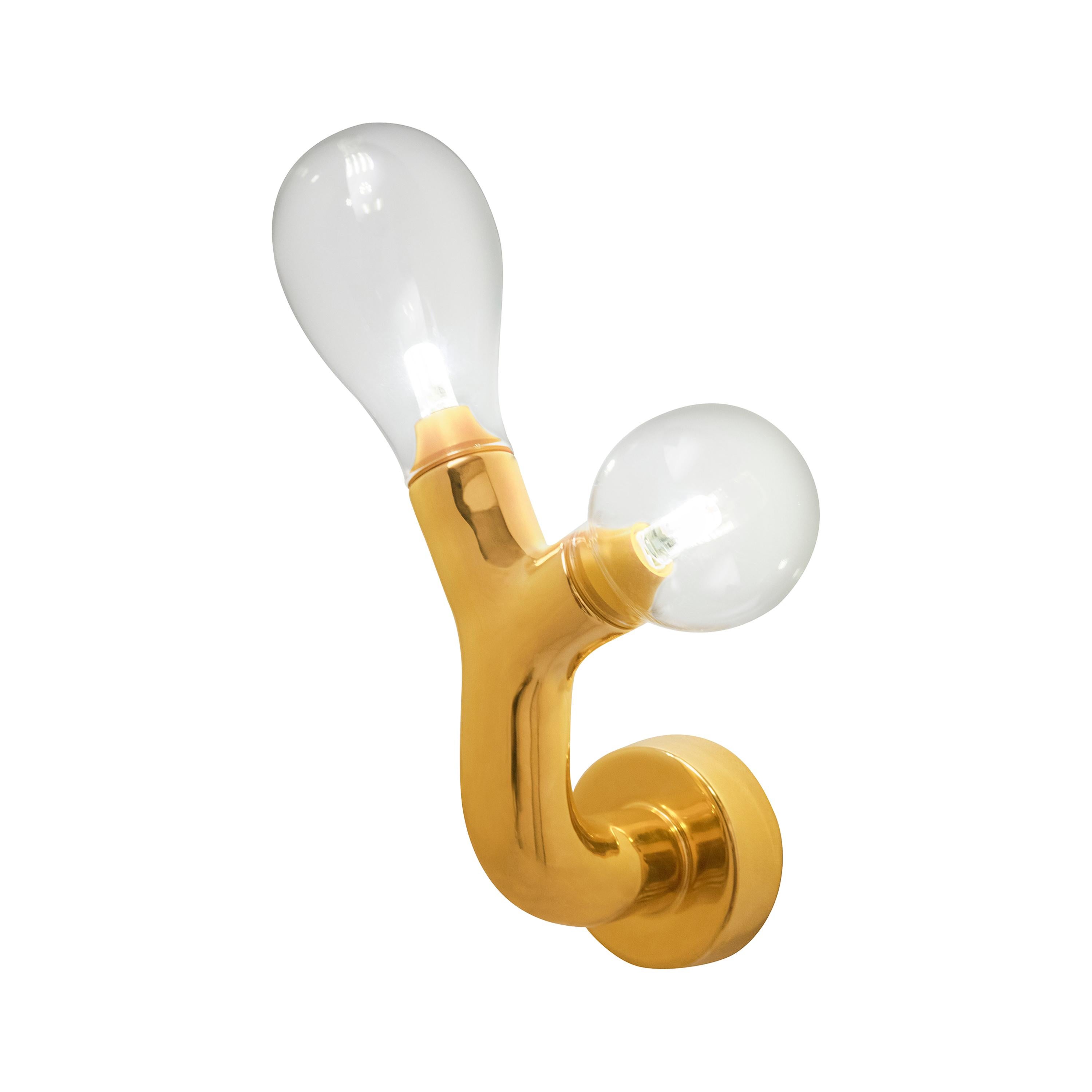 The Double Bulb Gold Plated Murano Glass Wall Light by Matteo Cibic For Sale
