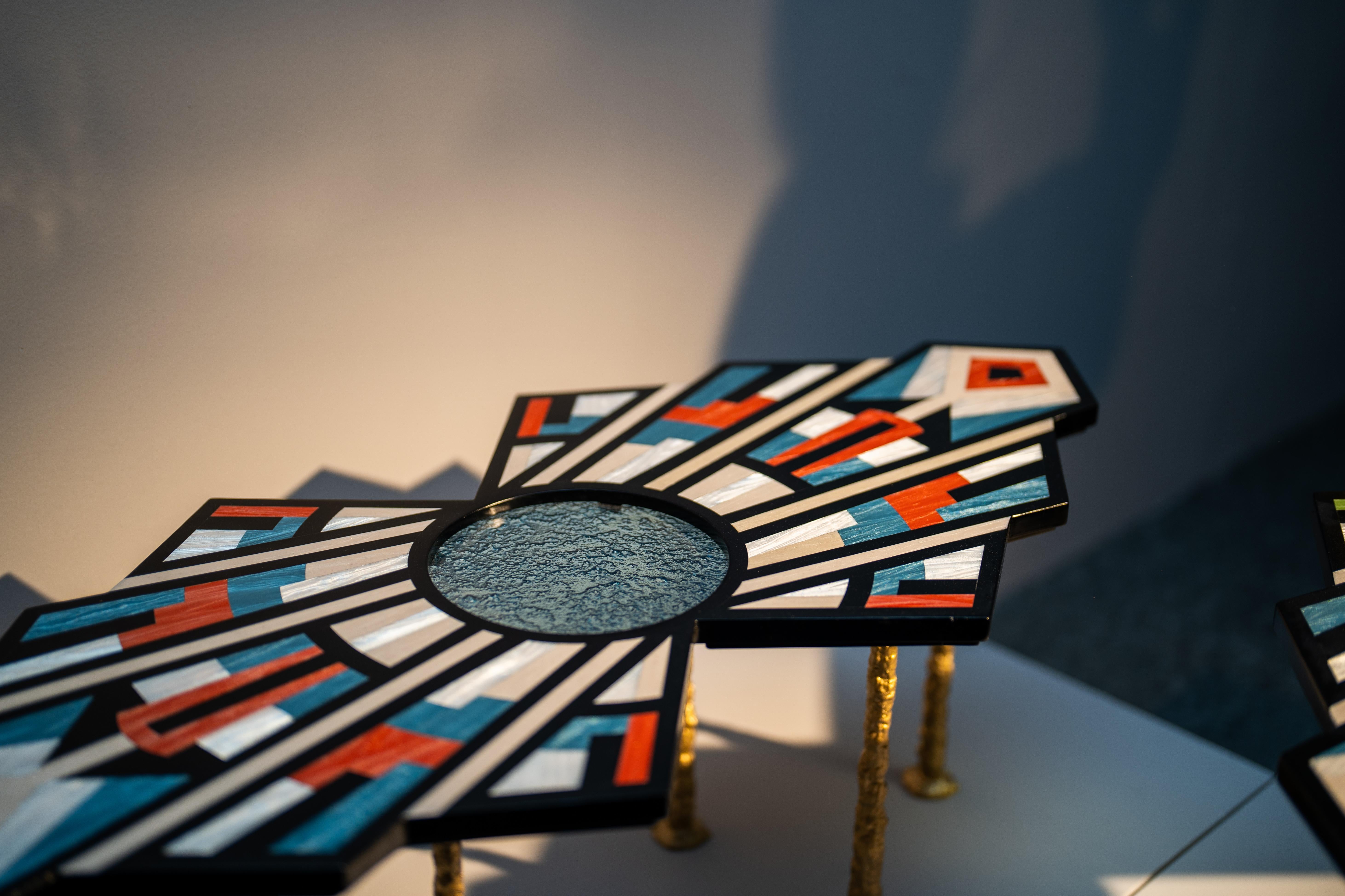 Contemporary THE DRAGONFLY-Solid Wood, Glass, Acrylic Veneers and Solid Brass Coffee Table For Sale