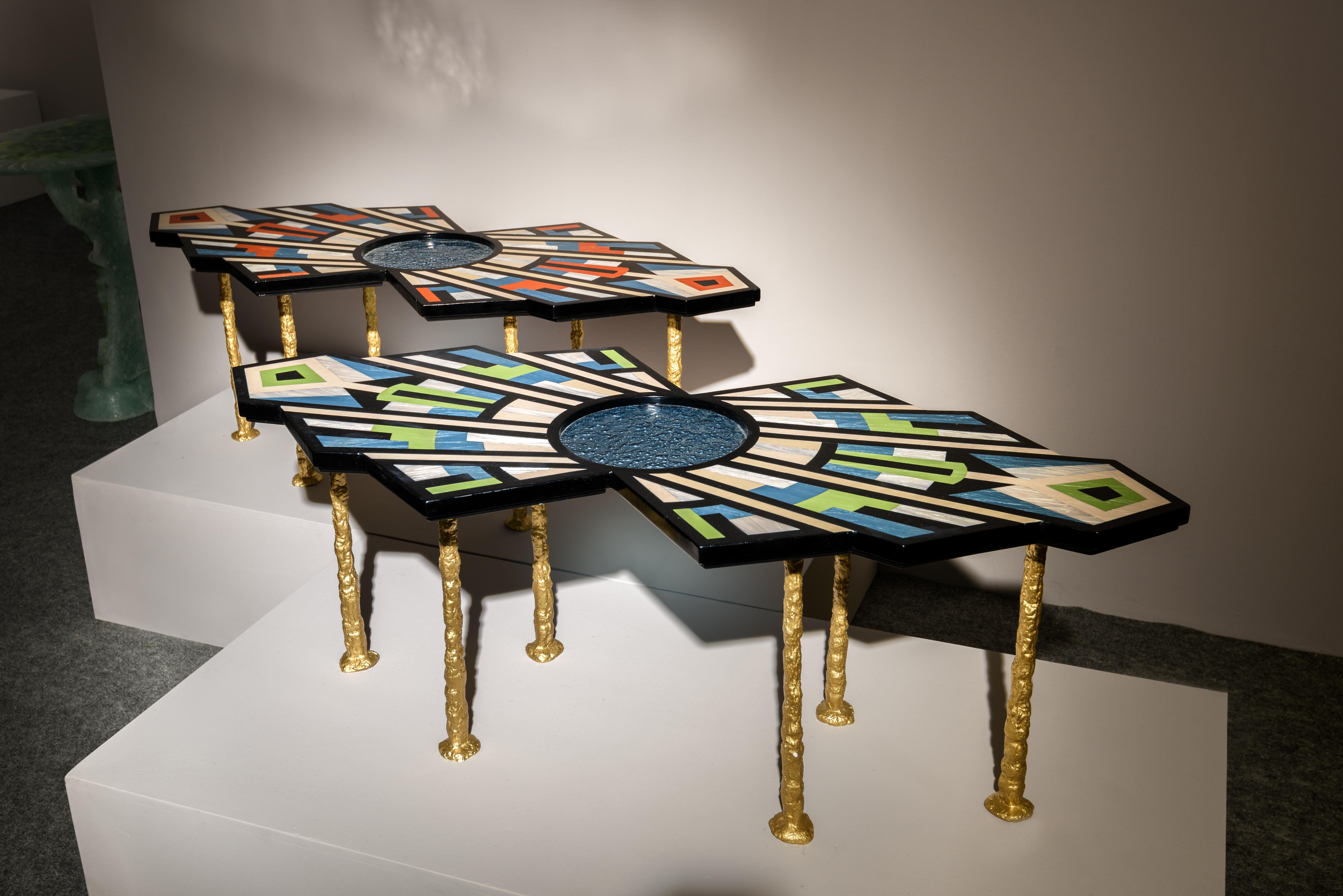 THE DRAGONFLY-Solid Wood, Glass, Acrylic Veneers and Solid Brass Coffee Table For Sale 1