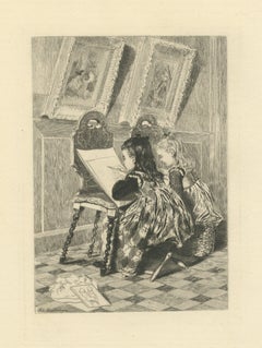 The Drawing Lesson, Two Girls in an Art Gallery by Adolphe Lalauze, circa 1880