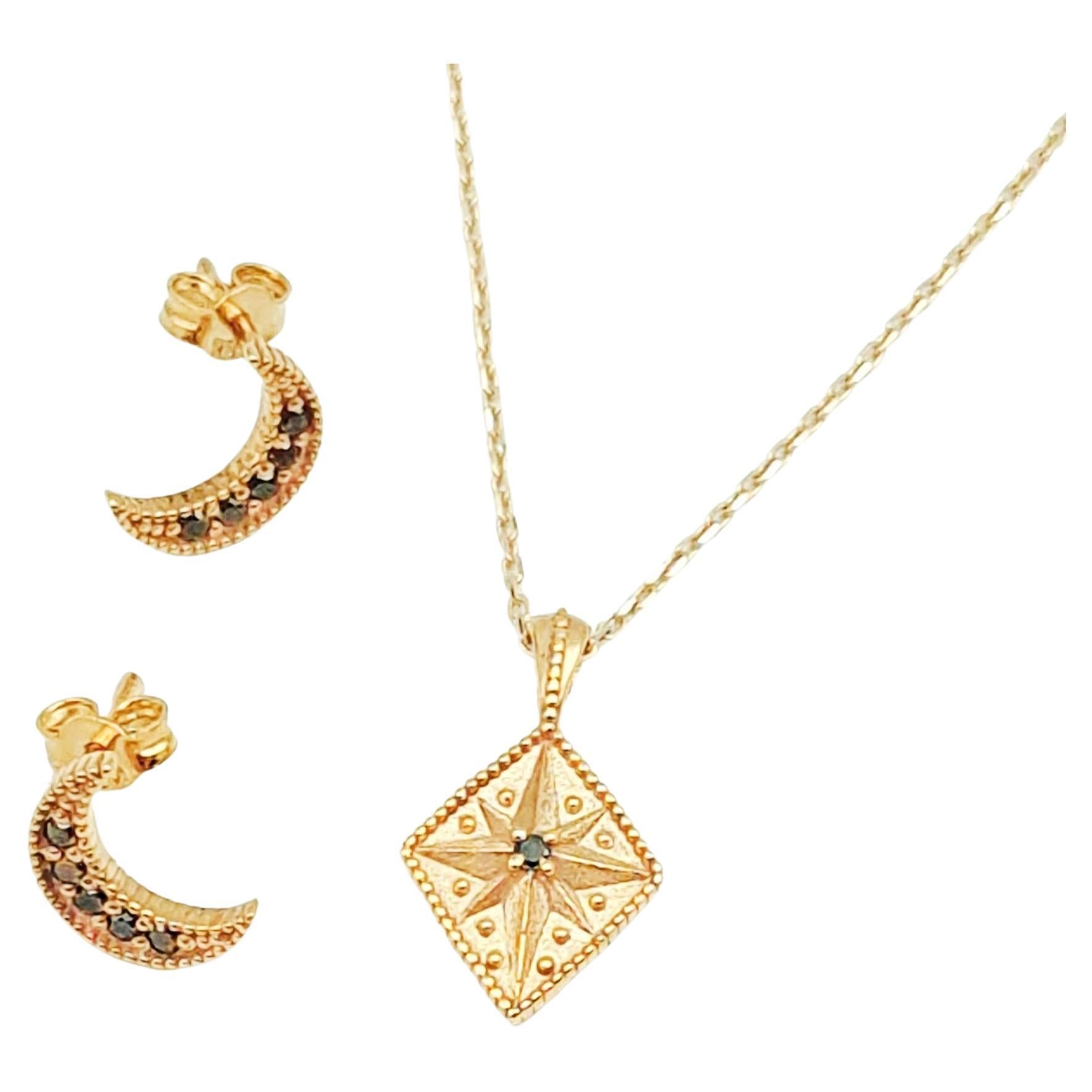 Dreamer Set, Black Diamonds and Yellow Gold Necklace and Earrings