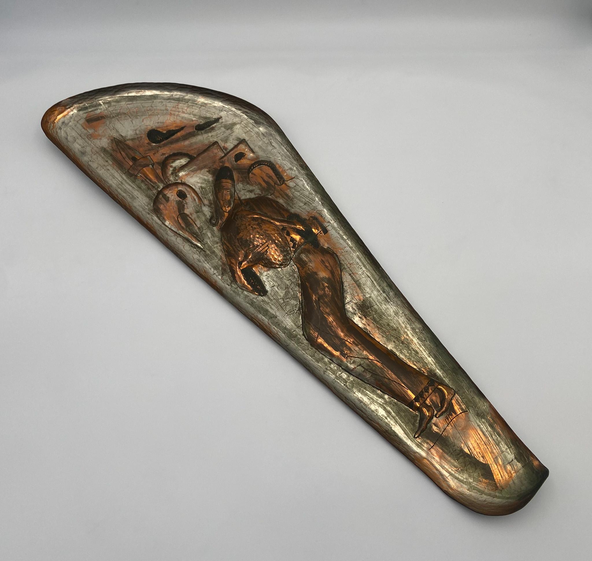 The Drummer Copper Tray Platter Wall Hanging Platter by A.N Oppenheim,  Israel. 1950's.