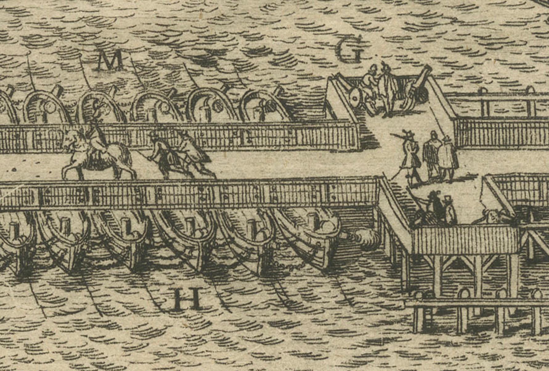 Die Pontonbrücke des Duke of Parma bei der Belagerung von Antwerpen, 1632 (Mitte 17. Jahrhundert) im Angebot