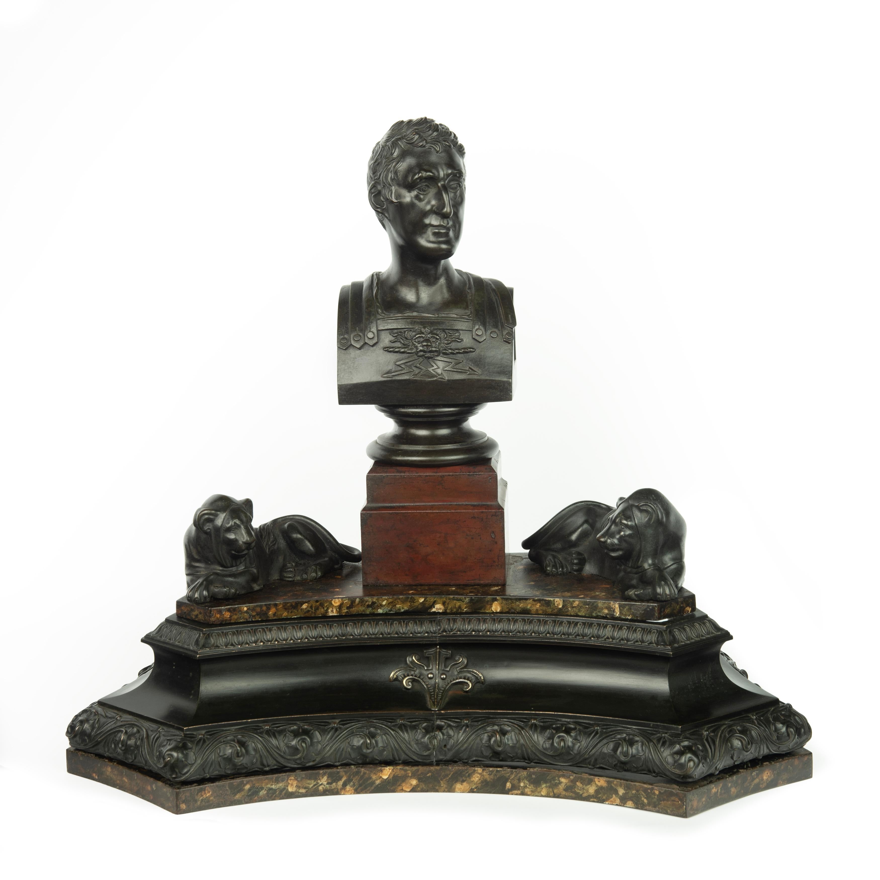 This impressive bronze table bust of the Duke of Wellington is in the form of a classical tribute.  He is portrayed wearing Roman leather armour, the breastplate with a central lion’s mask radiating lightning bolts.  This is set on a turned socle