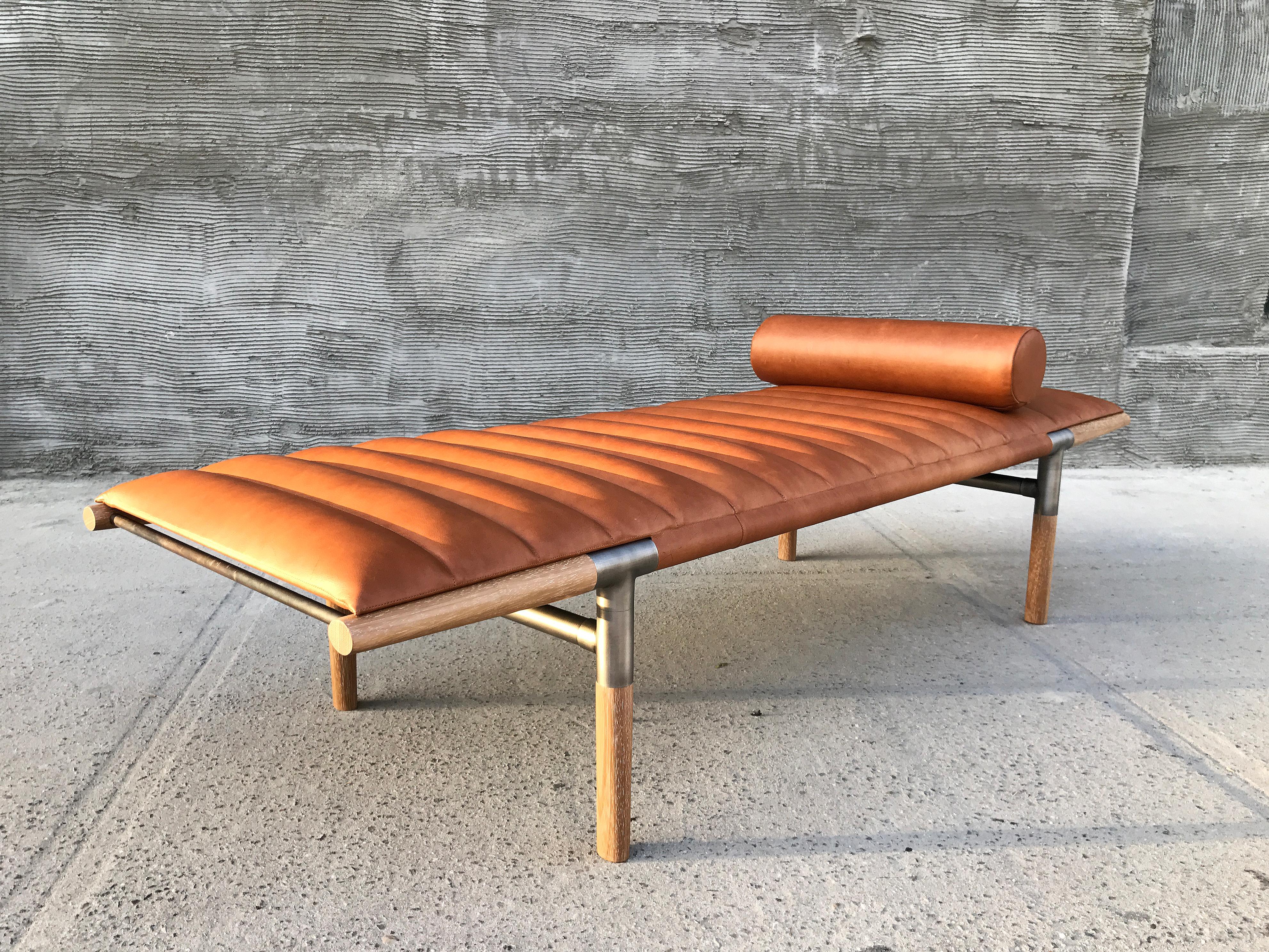 Modern EÆ Daybed in Cognac Leather with Cerused Iroko Legs & Burnished Nickel For Sale