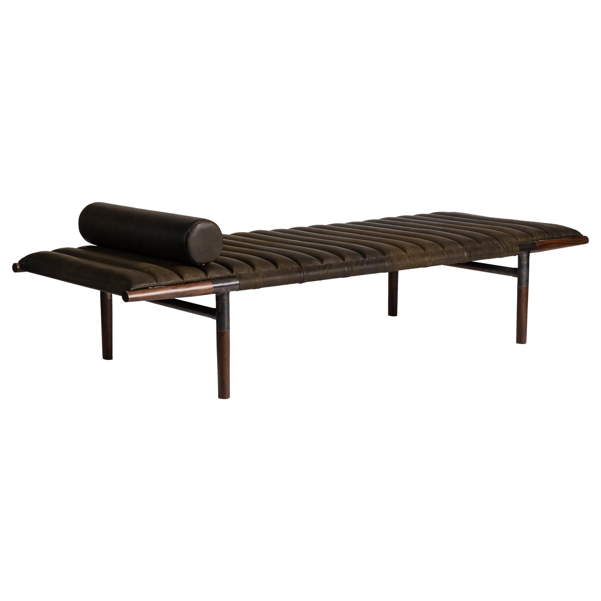 The EÆ Daybed in Horween leather with Ebonized Rosewood Legs and Blackened Brass For Sale
