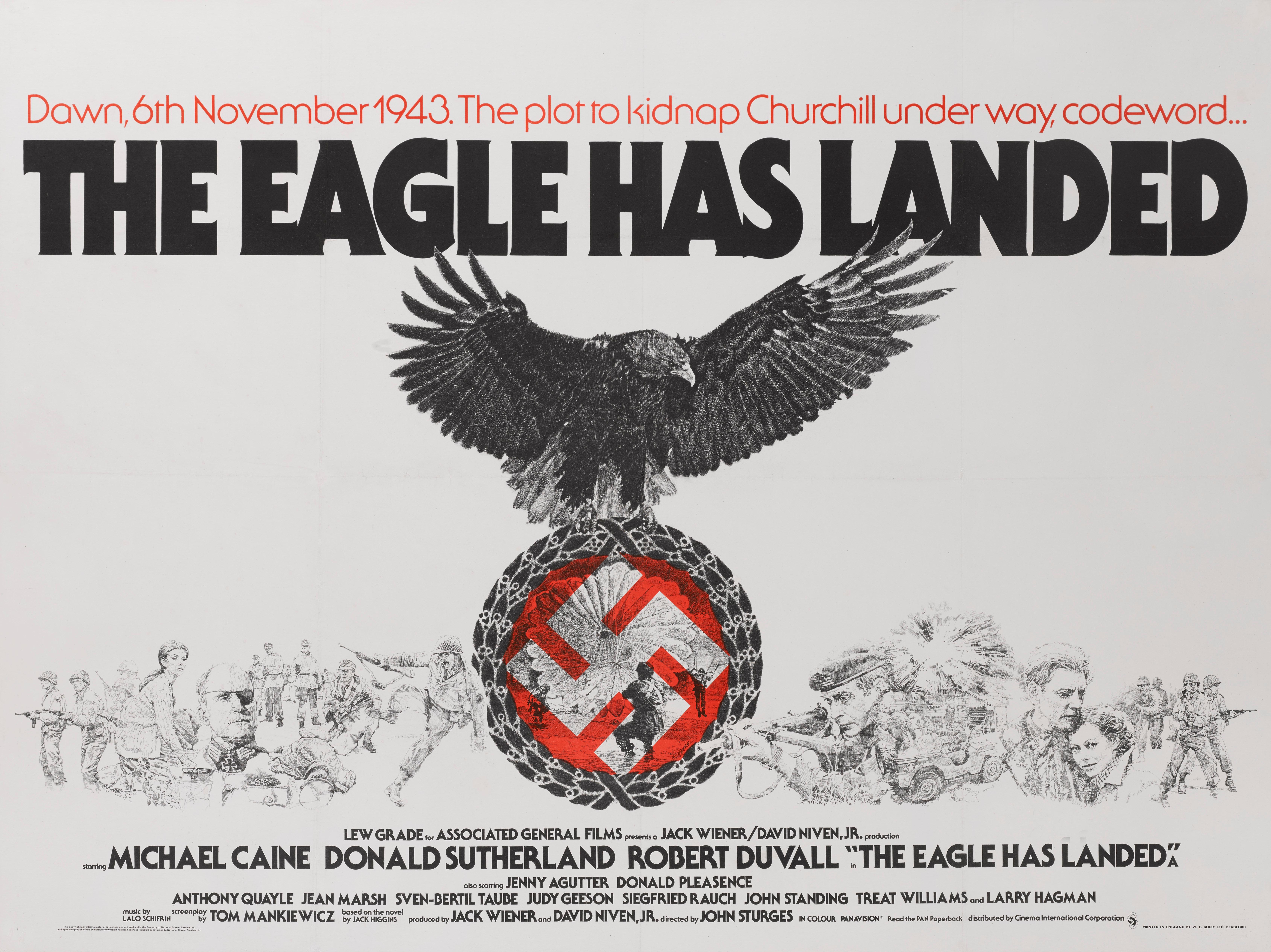Original British film poster for the the World War II film The Eagle Has Landed 1976.
The film was directed John Sturges and Michael Caine, Donald Sutherland, Robert Duvall, Donald Pleasence. This poster is conservation line backed and would be