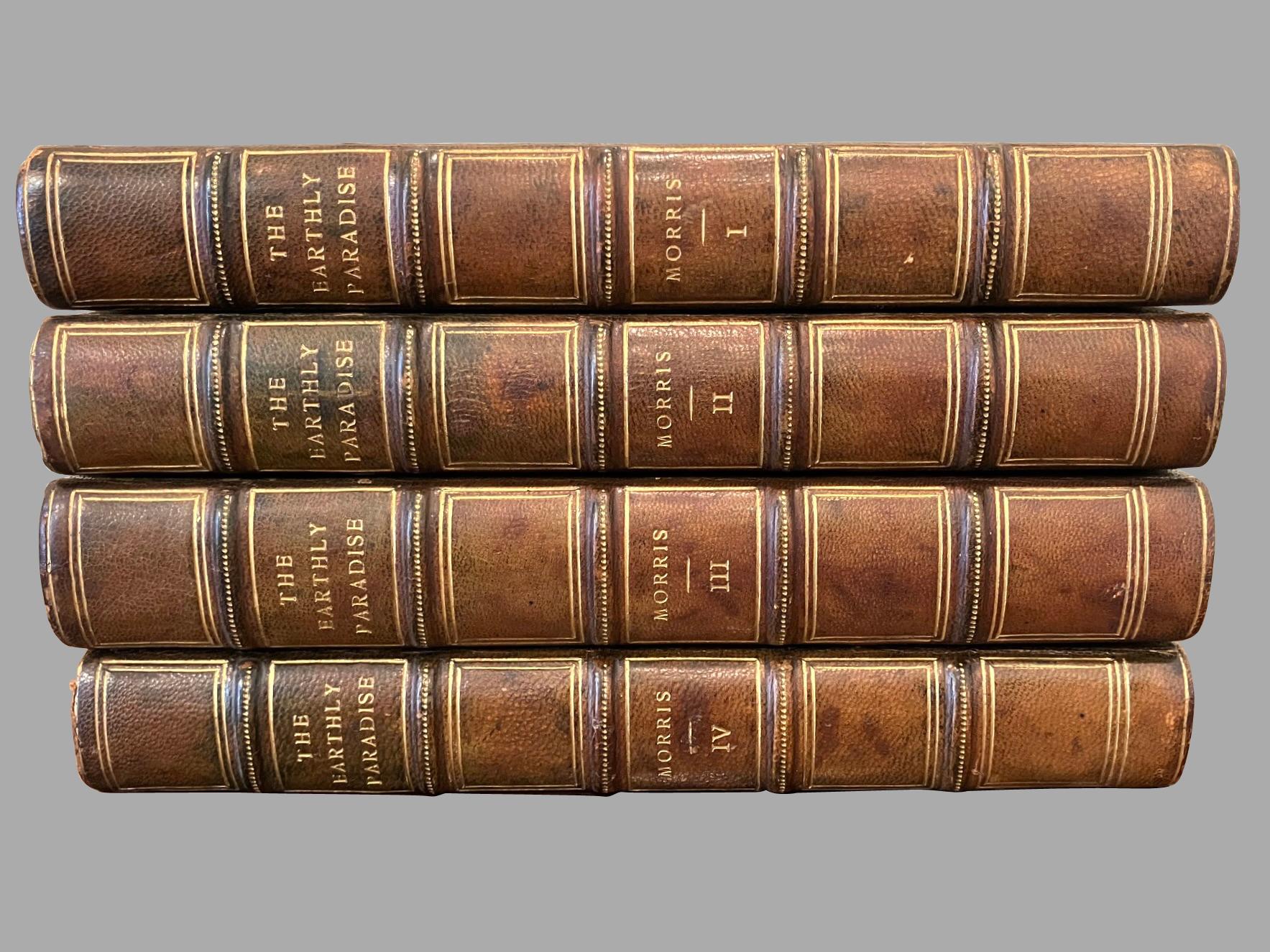 English The Earthly Paradise: A Poem by William Morris in 4 Leatherbound Volumes For Sale