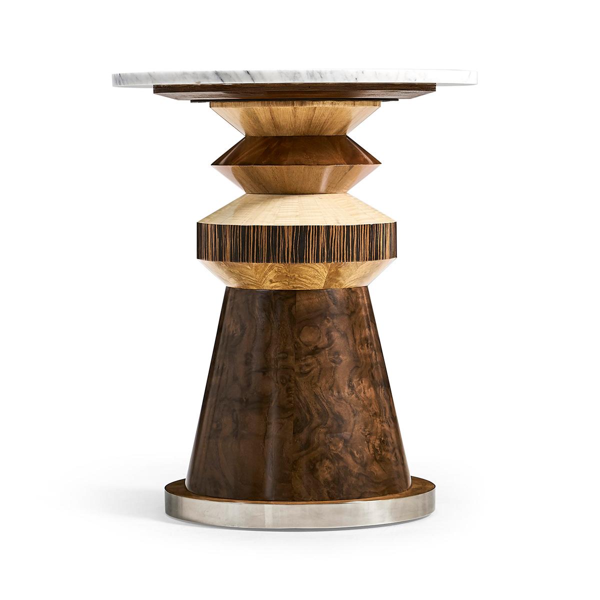 Crafted from an array of layered veneers - walnut burl, cerajeira, ebony, maple, chestnut, and eucalyptus—this table boasts a rich and captivating appearance. The various finishes highlight the intricate patterns of the veneers, creating a visual