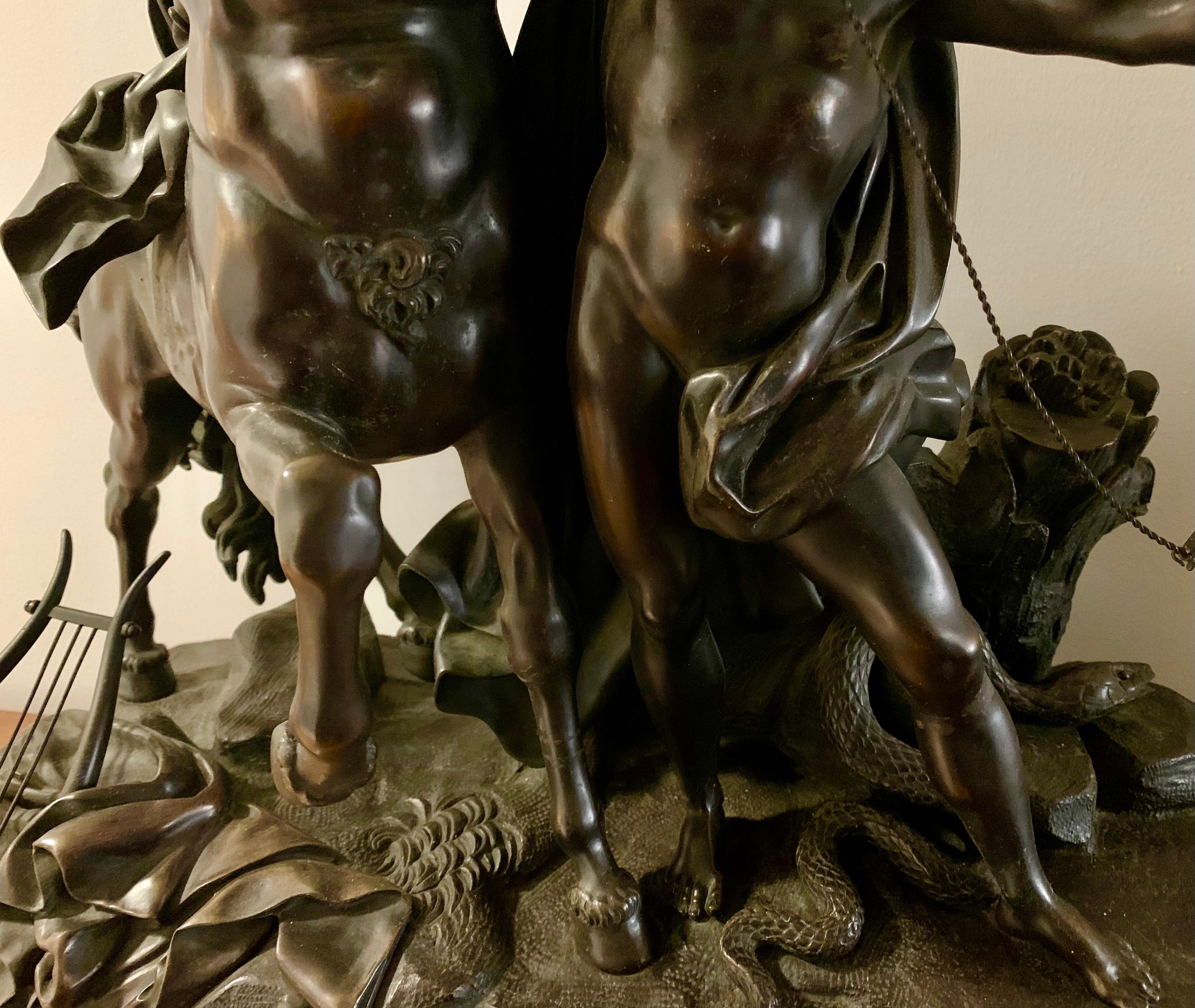Large, exceptional quality bronze sculpture depicting The Education of Achilles by the Centaur Chiron, after the model by Francois Rude.
Early Nineteenth Century
Fine Rouge Griotte marble base.
The composition for this group was inspired by