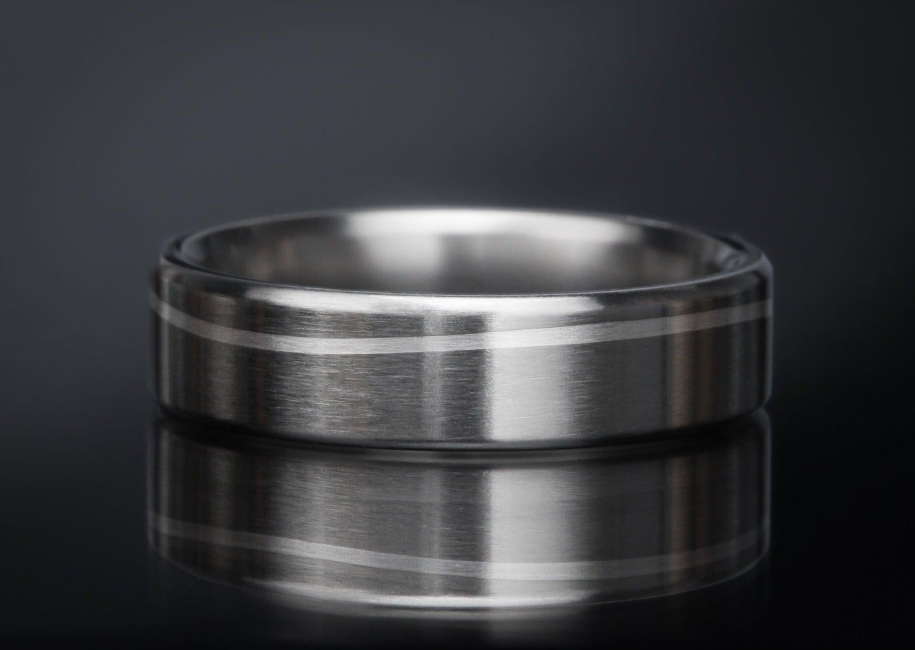 For Sale:  Eero : Flat Titanium Wedding Band with Flowing Silver Inlay Comfort Fit 2