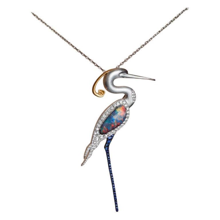 The Egret - Australian Boulder Opal Diamond Sapphire Pendant & Brooch 18k White For Sale