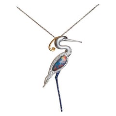 The Egret - Australian Boulder Opal Diamond Sapphire Pendant & Brooch 18k White
