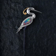 The Egret - Australian Boulder Opal Diamond Sapphire Pendant & Brooch 18k