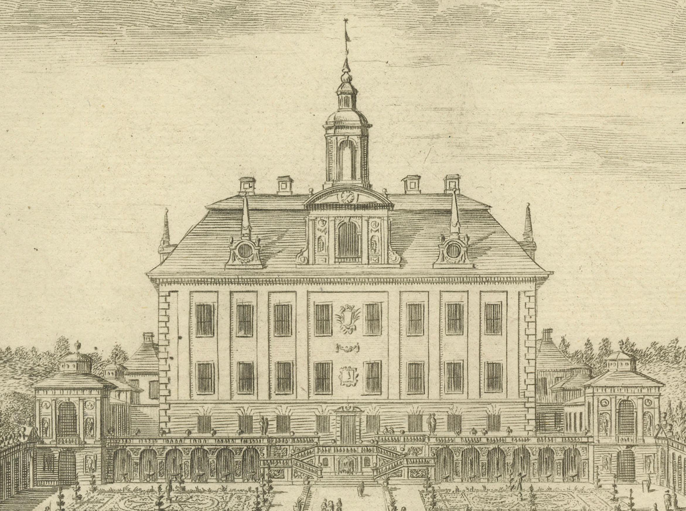 Papier Le château et les jardins d'Ekolsund en Suède dans la gravure de Swidde de 1695 en vente