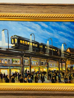"El EL, Nueva York" Pintura al óleo impresionista Estación de tren ocupada de Willett