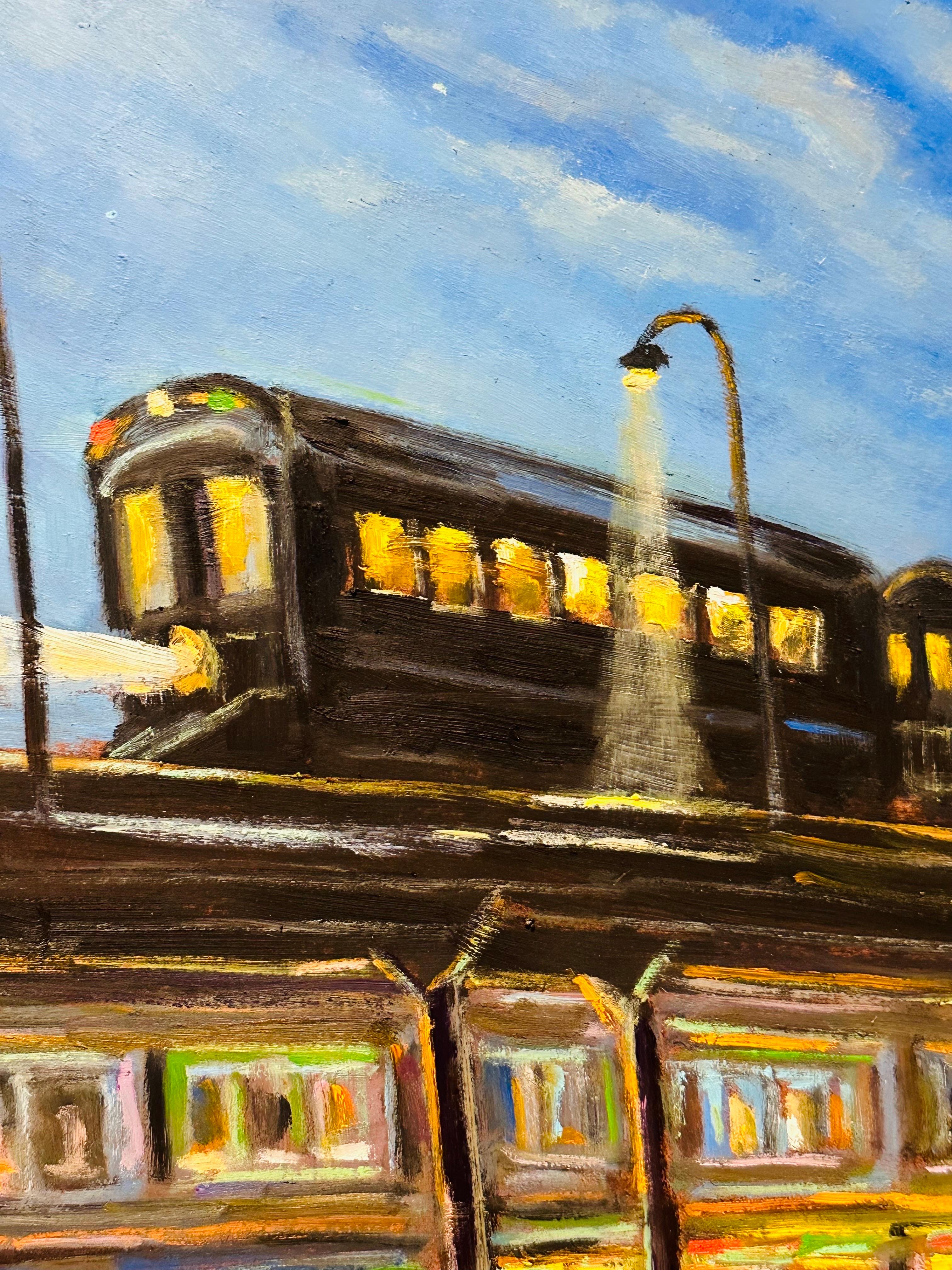 Classique américain « The EL, New York City » Peinture à l'huile impressionniste d'une gare de métro par Willett en vente
