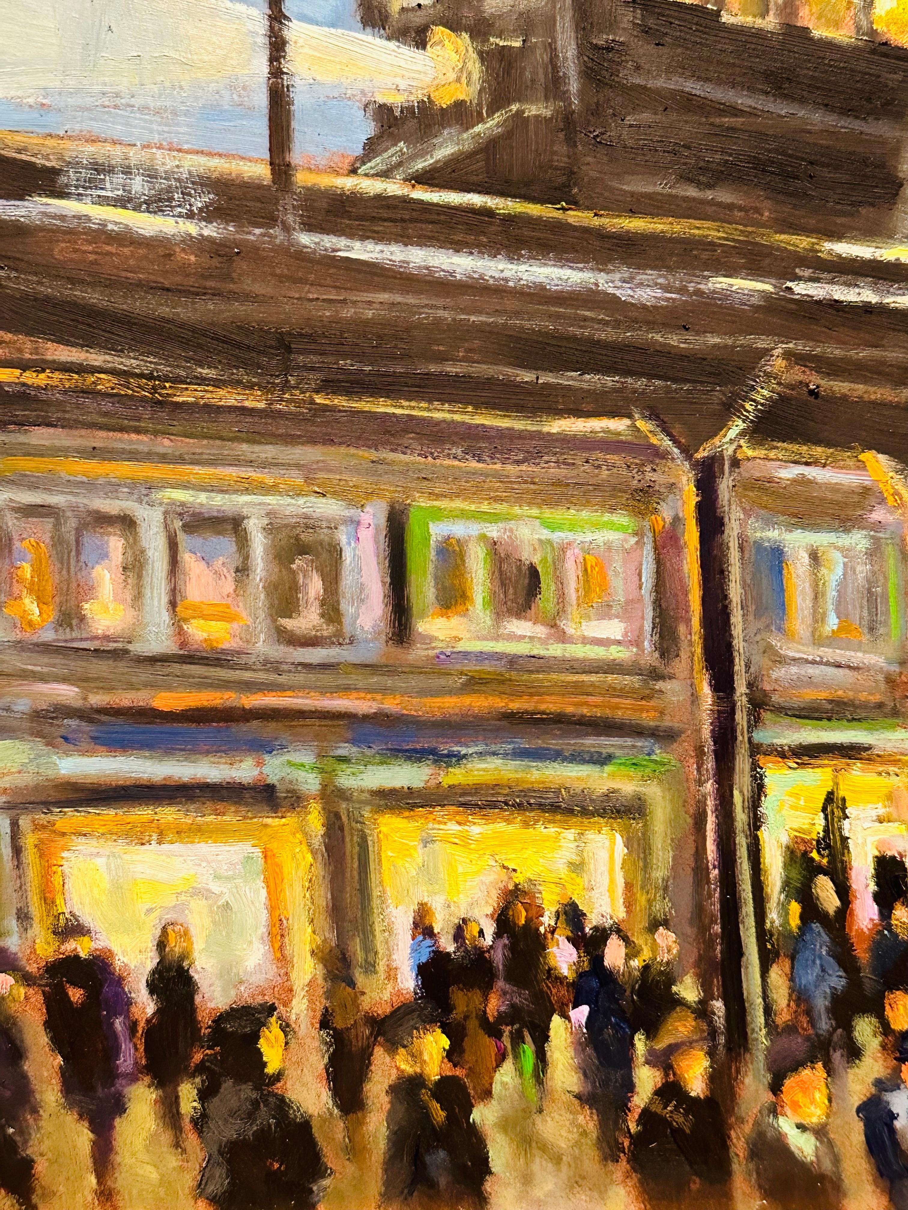 Américain « The EL, New York City » Peinture à l'huile impressionniste d'une gare de métro par Willett en vente