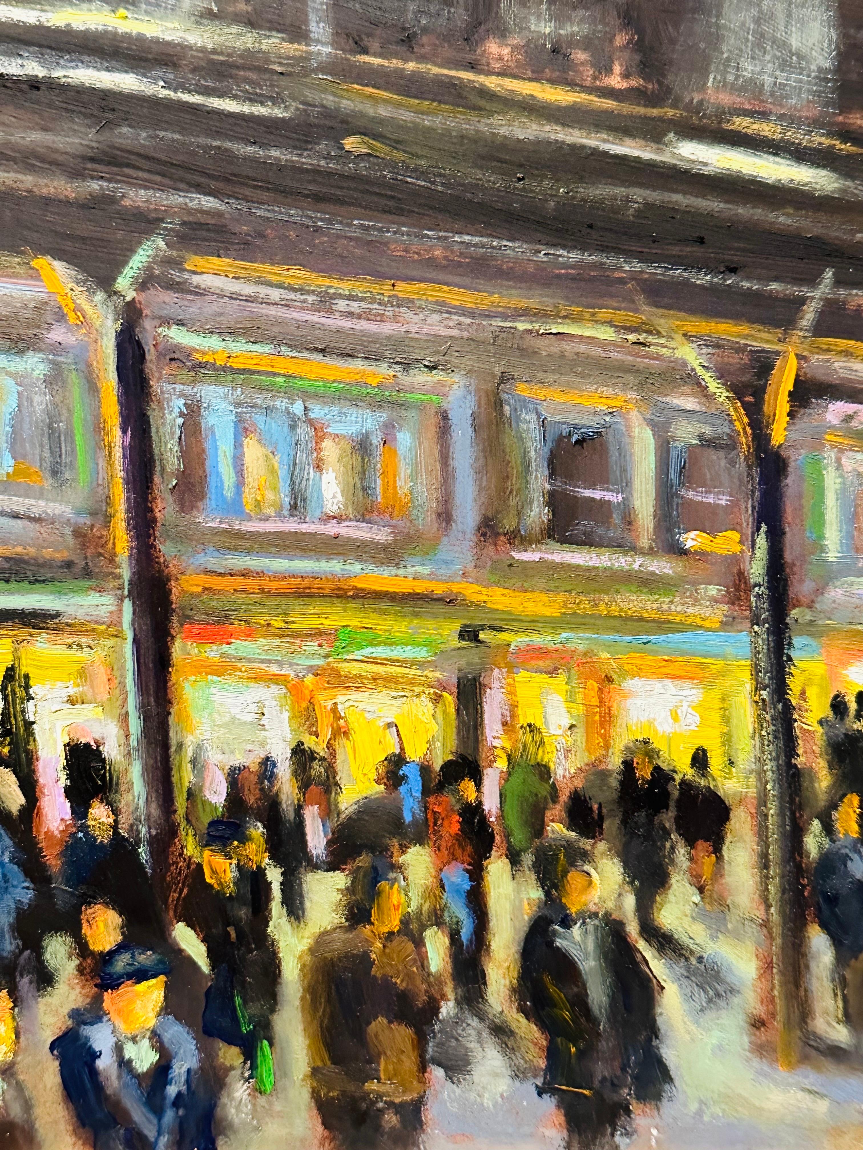« The EL, New York City » Peinture à l'huile impressionniste d'une gare de métro par Willett Excellent état - En vente à Philadelphia, PA