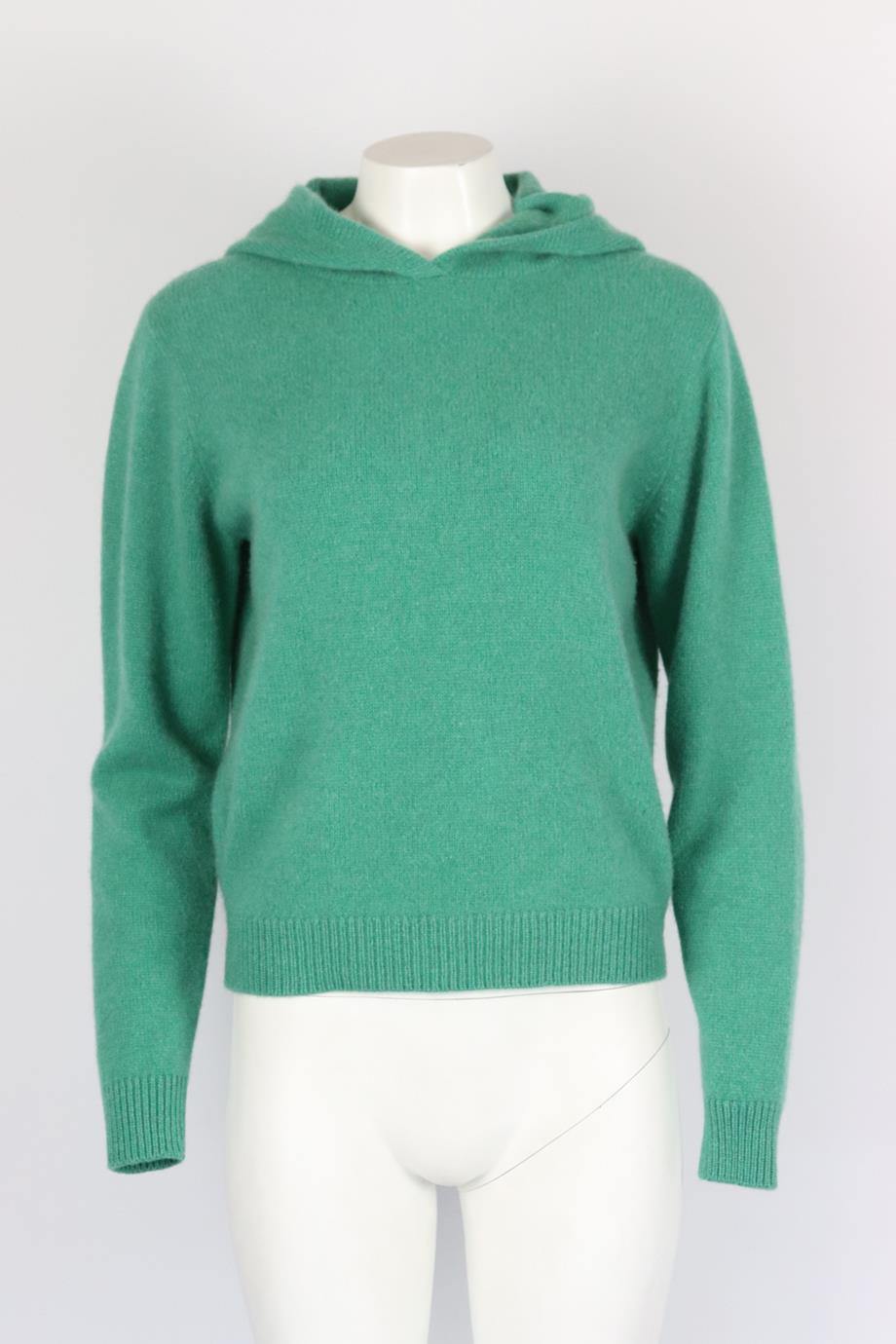 The Elder Statesman cashmere hoodie. Green. Long sleeve, crewneck. Slips on. 100% Cashmere. Size: Large (UK 12, US 8, FR 40, IT 44). Bust: 43 in. Waist: 38 in. Hips: 33.5 in. Length: 22.75 in. Very good condition - As new condition, no sign of wear;