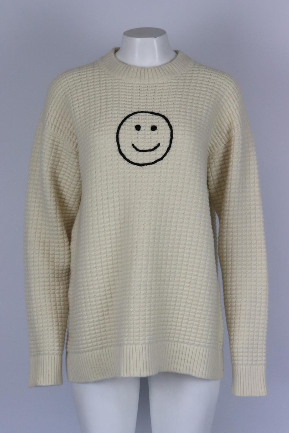 The Elder Statesman embroidered waffle knit cashmere sweater. Cream. Long sleeve, crewneck. Slips on. 100% Cashmere. Size: XSmall (UK 6, US 2, FR 34, IT 38). Bust: 48 in. Waist: 46 in. Hips: 45 in. Length: 27 in. Very good condition - As new