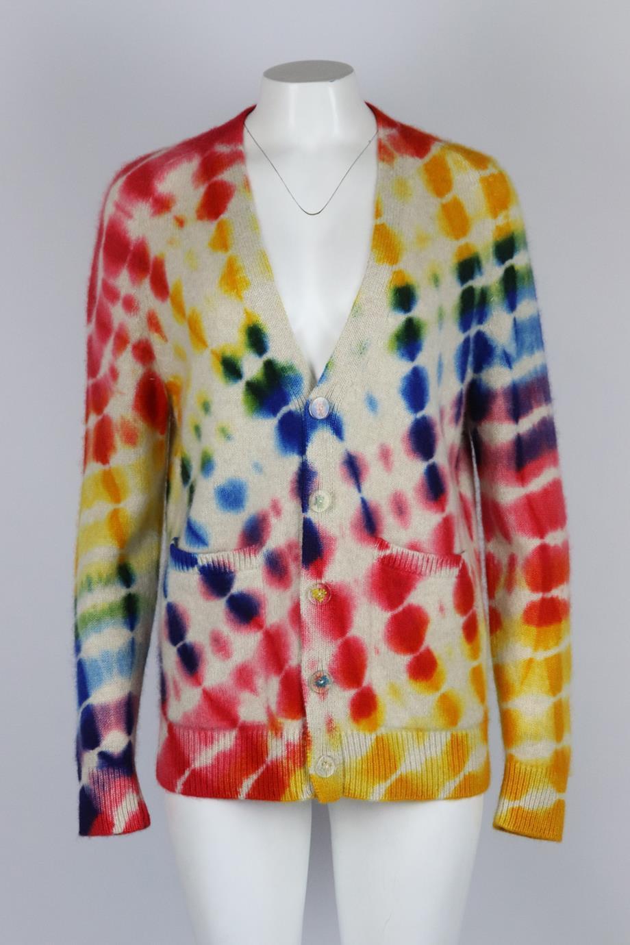 The Elder Statesman tie dyed cashmere cardigan. Multicoloured. Long sleeve, v-neck. Button fastening at front. 100% Cashmere. Size Small (UK 8, US 4, FR 36, IT 40) Bust: 44 in. Waist: 40 in. Hips: 39 in. Length: 28 in. Very good condition - As new