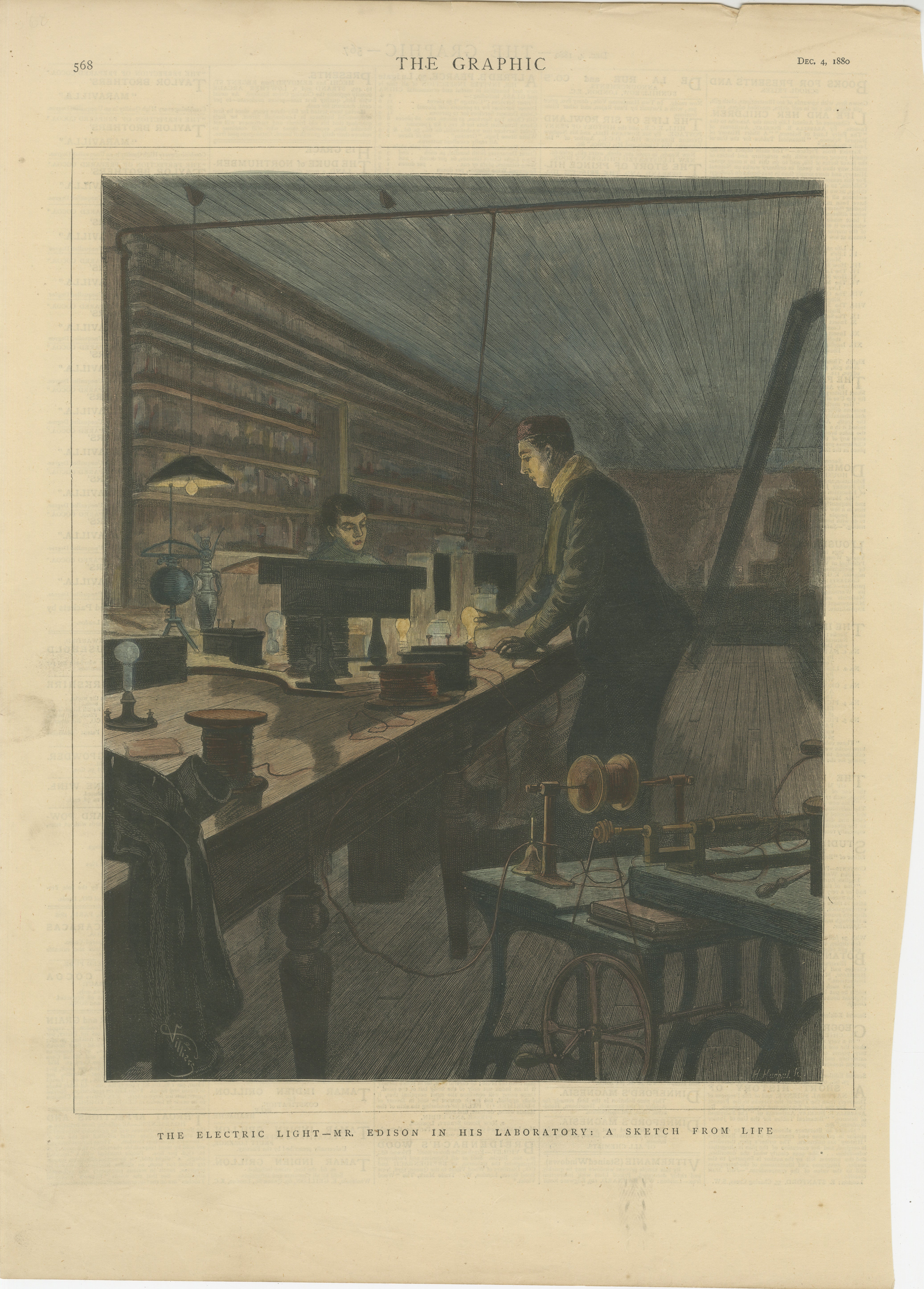 Título: La luz eléctrica - El Sr. Edison en su laboratorio: Un Boceto Real -   
Publicado en The Graphic, el 4 de diciembre de 1880.

Descripción: Este grabado coloreado a mano, publicado en *The Graphic* el 4 de diciembre de 1880, ofrece una rara