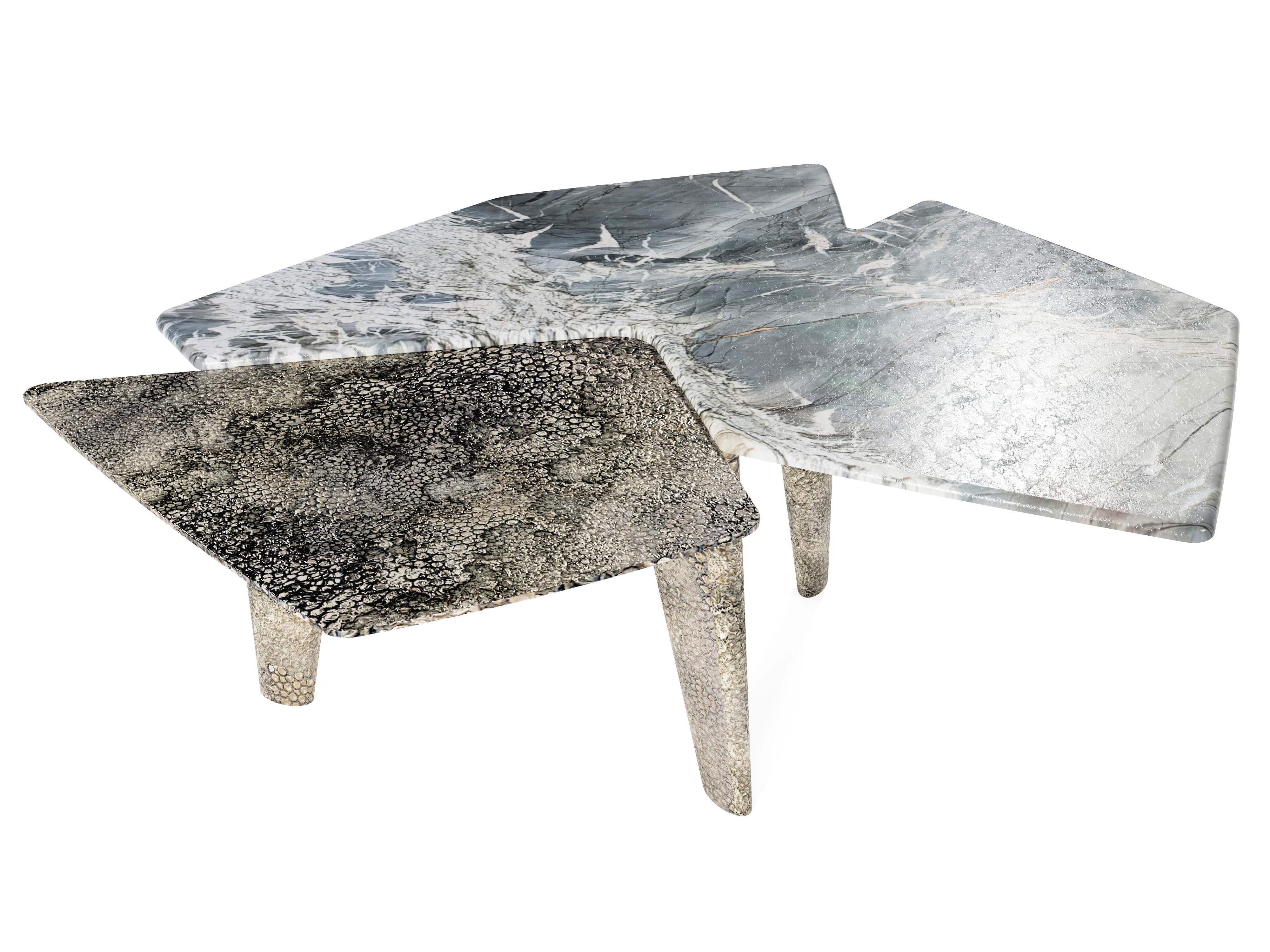 “The Elements VI Contemporary Center Coffee Table ft. Venom quartzite and tempered smoked glass tops with row stainless steel base.

Created of the two totally different shapes, structures reveals some symbiotic influence between each other. One