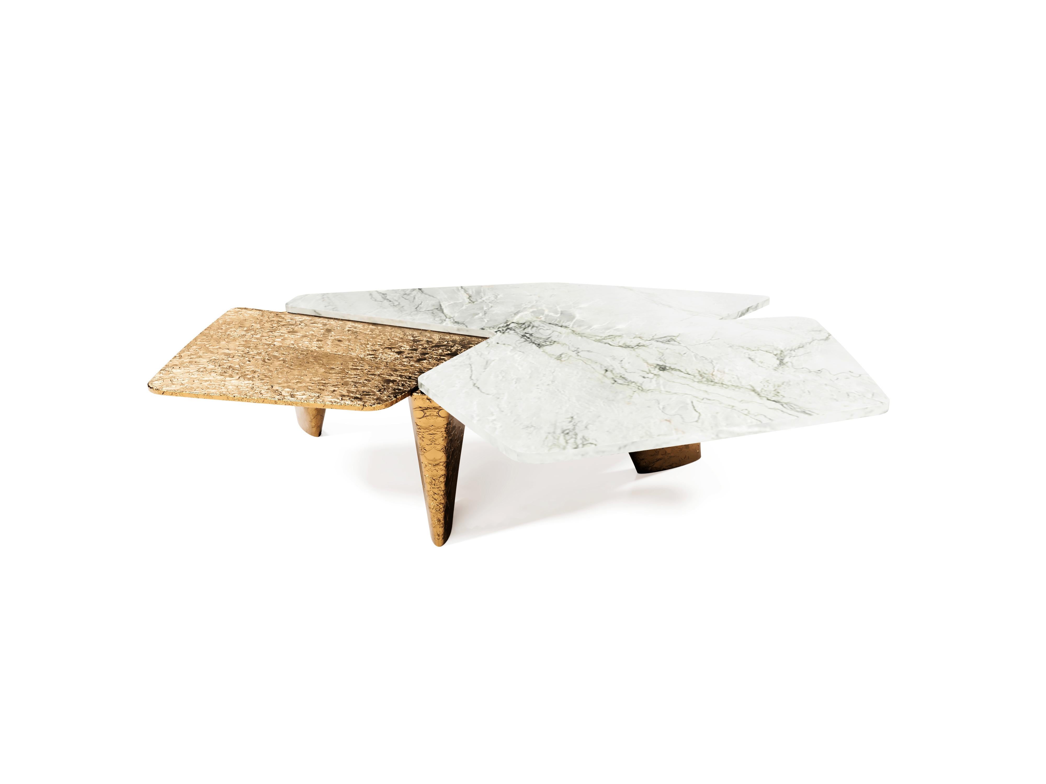 “The Elements I” Contemporary Center Coffee Table ft natural quartzite and solid aluminium plate in Windy Gold Brass finish.

Created of the two totally different shapes, structures reveals some symbiotic influence between each other. One delicate -