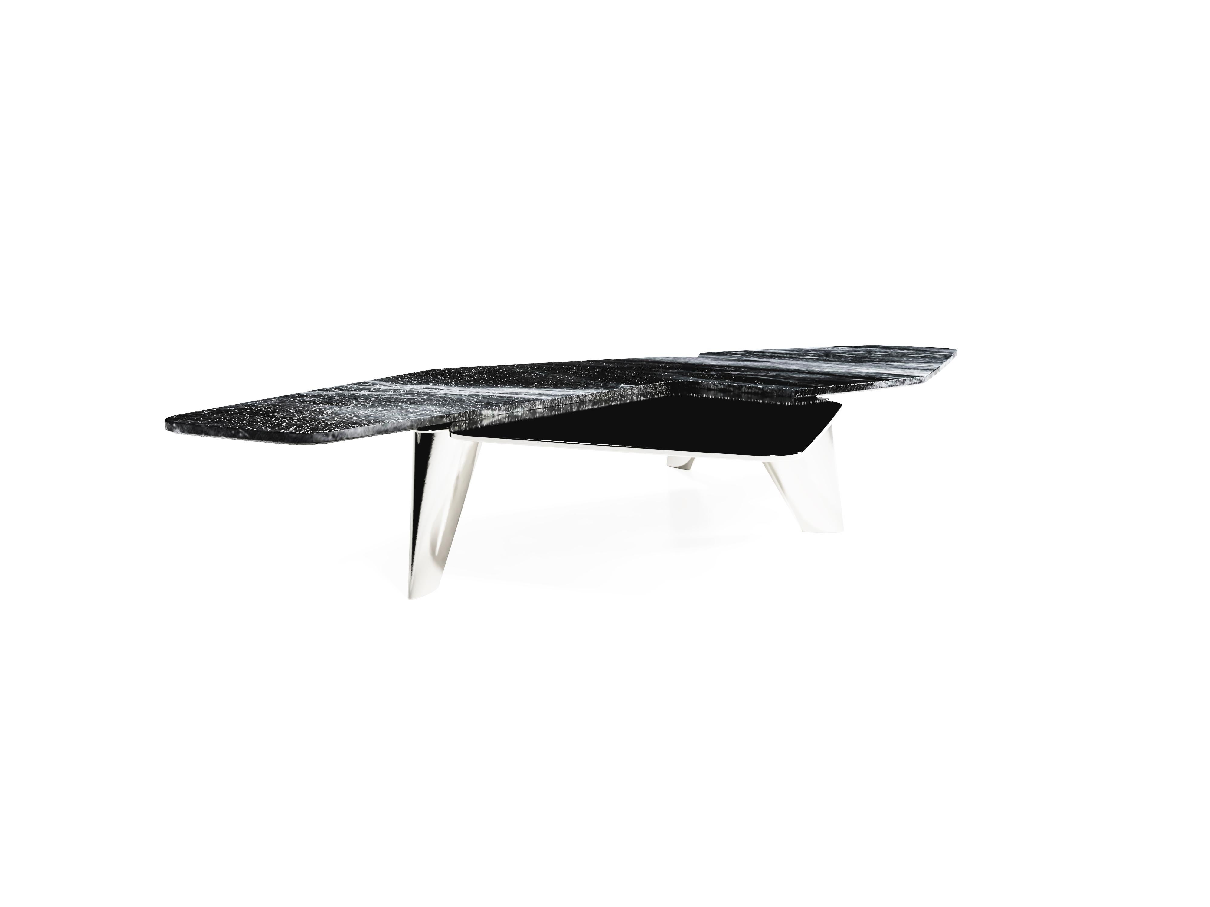 “The Elements II ”Contemporary Center Coffee Table ft marble and solid stainless steel plate in brushed finish.

Created of the two totally different shapes, structures reveals some symbiotic influence between each other. One delicate - second more