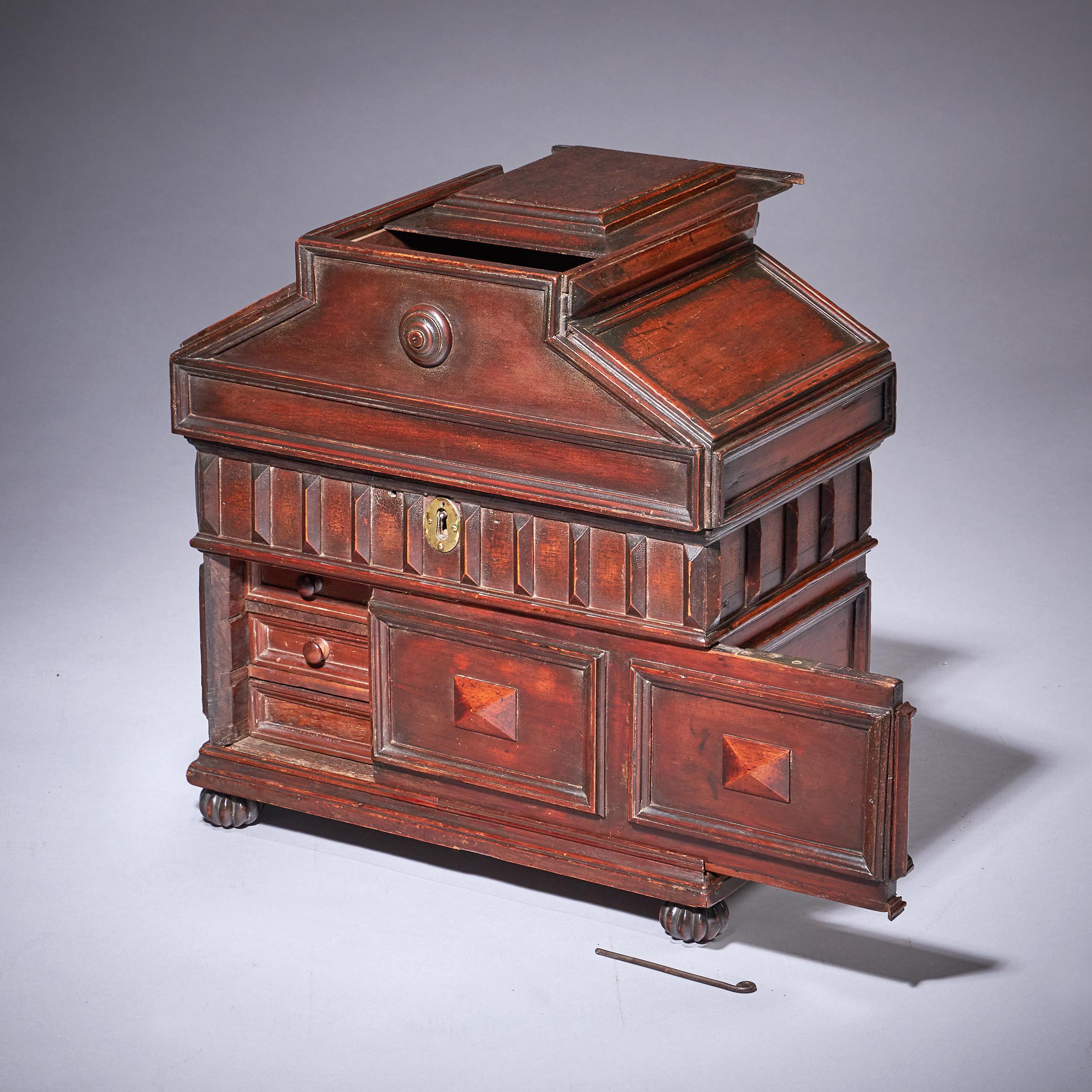The late 16th century Elizabeth I Diminutive Cedar wood table casket or desk box, Circa 1600. England. 

The raised and moulded top slides open to reveal a recessed well.
The entire moulded 'caddy' with applied edge-mouldings to all faces opens on