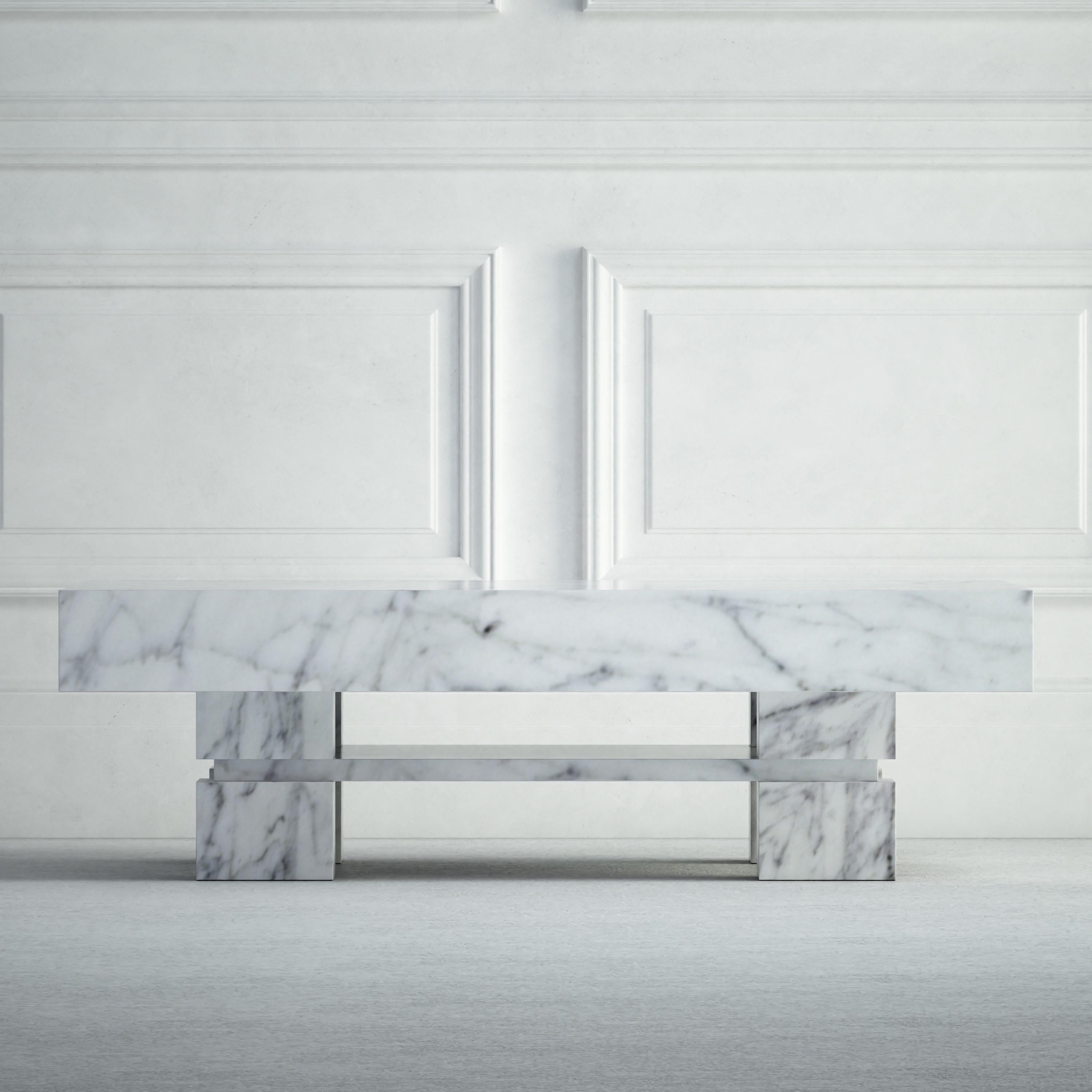 Américain The Elodie : une table basse moderne en pierre avec un plateau carré et quatre bases carrées en vente