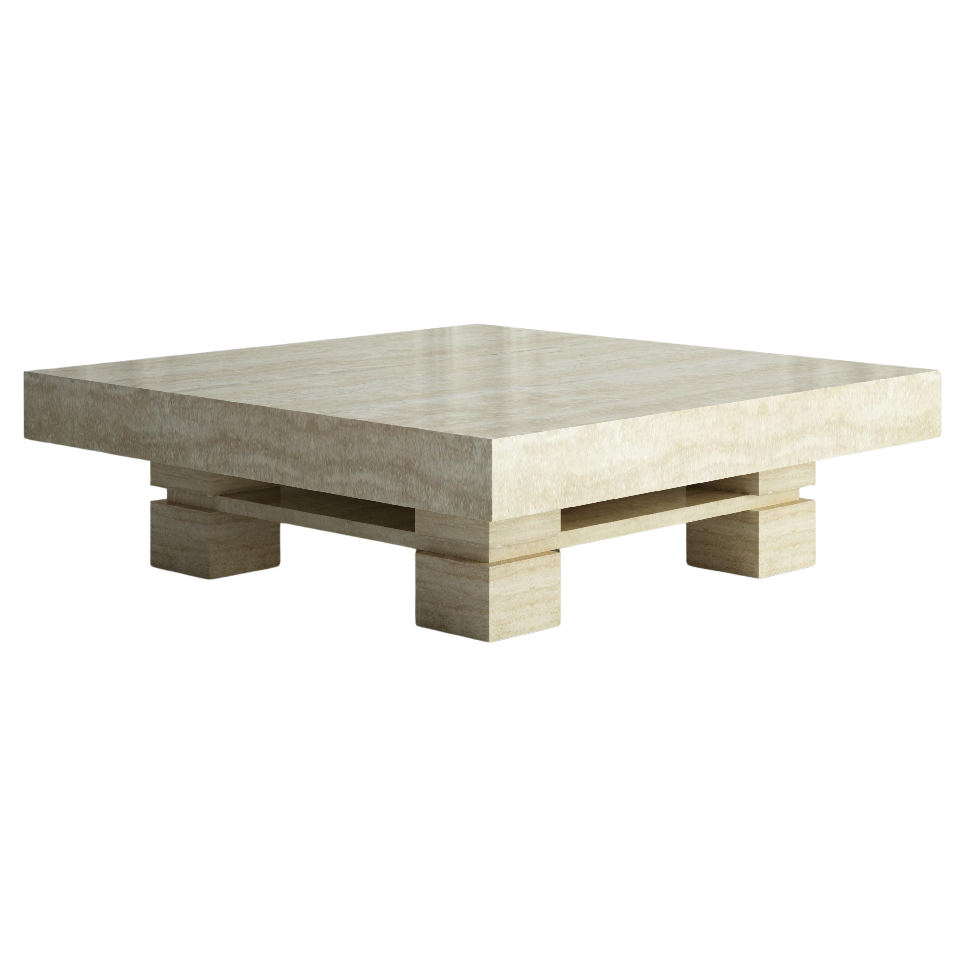The Elodie: A Modern Stone Coffee Table with a Square Top and Four Square Bases For Sale