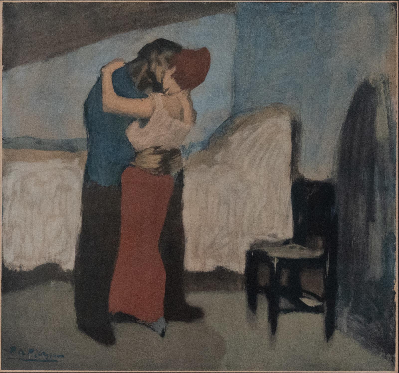 After Pablo Picasso (1881-1973)?The Embrace, offset lithograph in colours, on watermarked Arches paper, an impression aside from the standard edition of 125, published by Guy Spitzer, Paris, with his blindstamp, paper sheet trimmed – half Spitzer