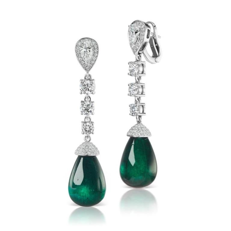 THE EMERALD ALOR EARRING The old Hollywood glamour of these Emerald drops are fit for the carpet Item: # 01692 Metal: 18k W Lab: Gia Color Weight: 60.58 ct. Diamond Weight: 6.29 ct.





