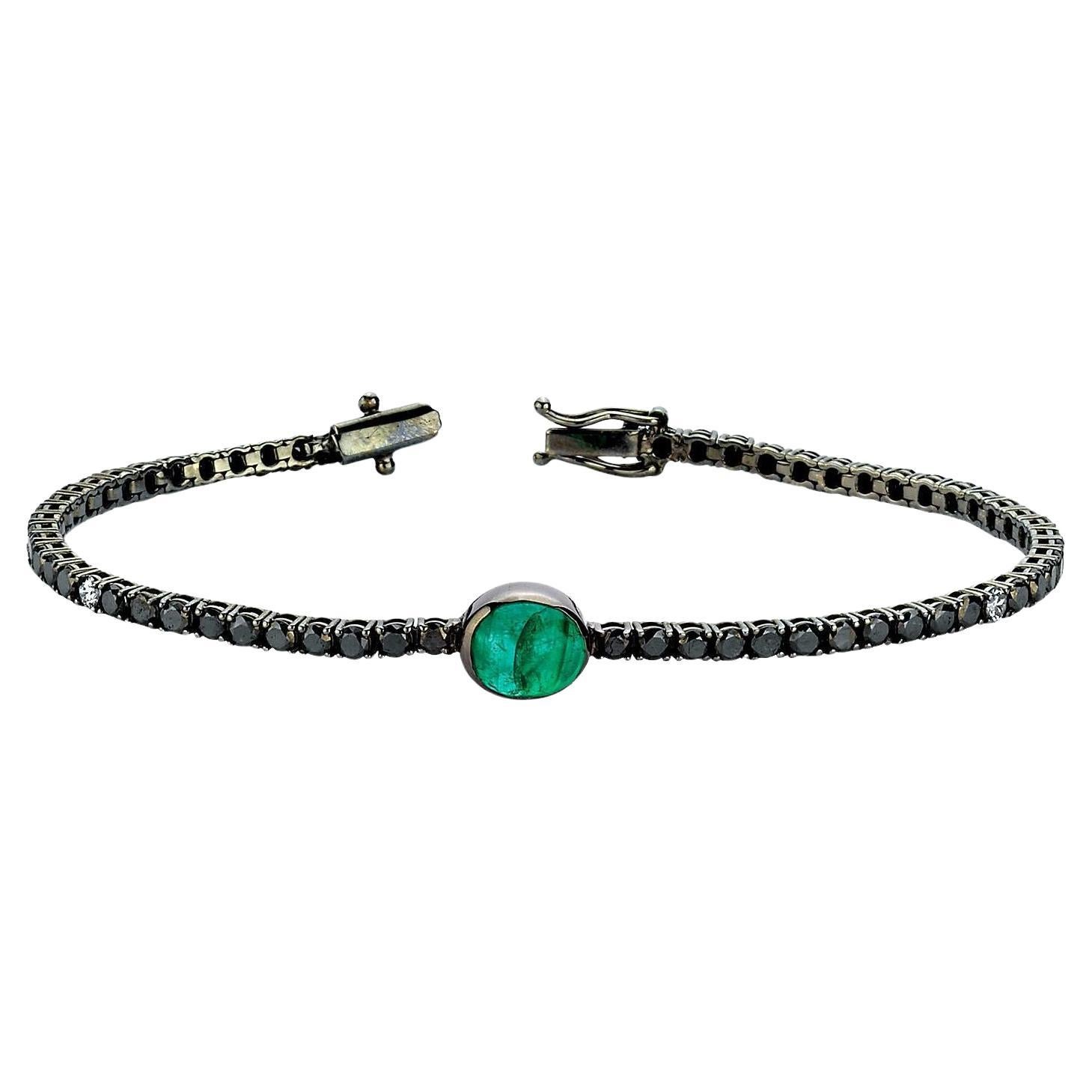 14k Gold Tennis bracelet with Emerald, Black Diamond and White Diamond For Sale