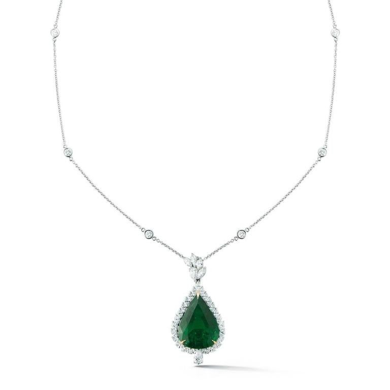 THE EMERALD GRACE NECKLACE A breathtaking 33 ct certified Emerald gets the royal treatment in this gorgeous necklace filled with over 21 cts of diamonds. A piece of remarkable craftsmanship and exquisite styling, it is a testament to the skill of