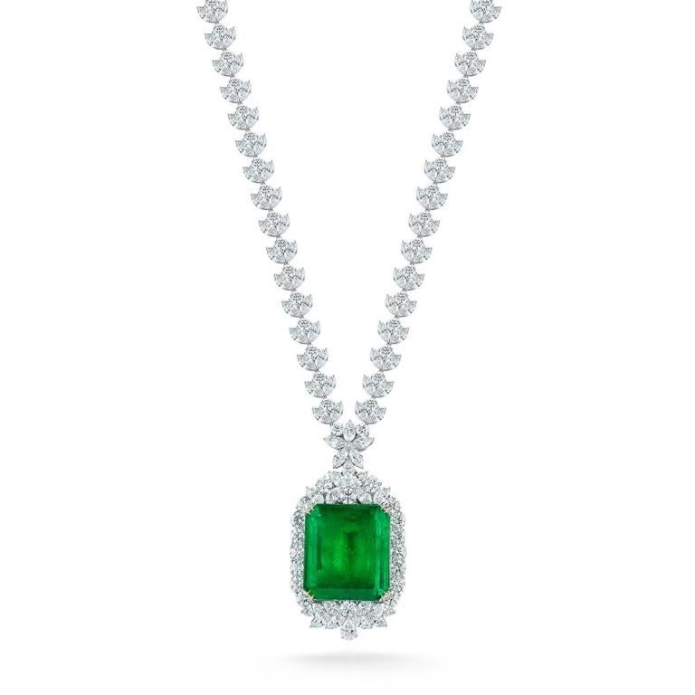 18k White Gold 108.88ct Emerald and 72.27ct Diamond Harmony Necklace

THE EMERALD HARMONY NECKLACE Featuring a GIA and Gubelin certified Colombian Emerald weighing 108 cts, this awe-inspiring piece is flanked by an additional 72 cts of marquis and