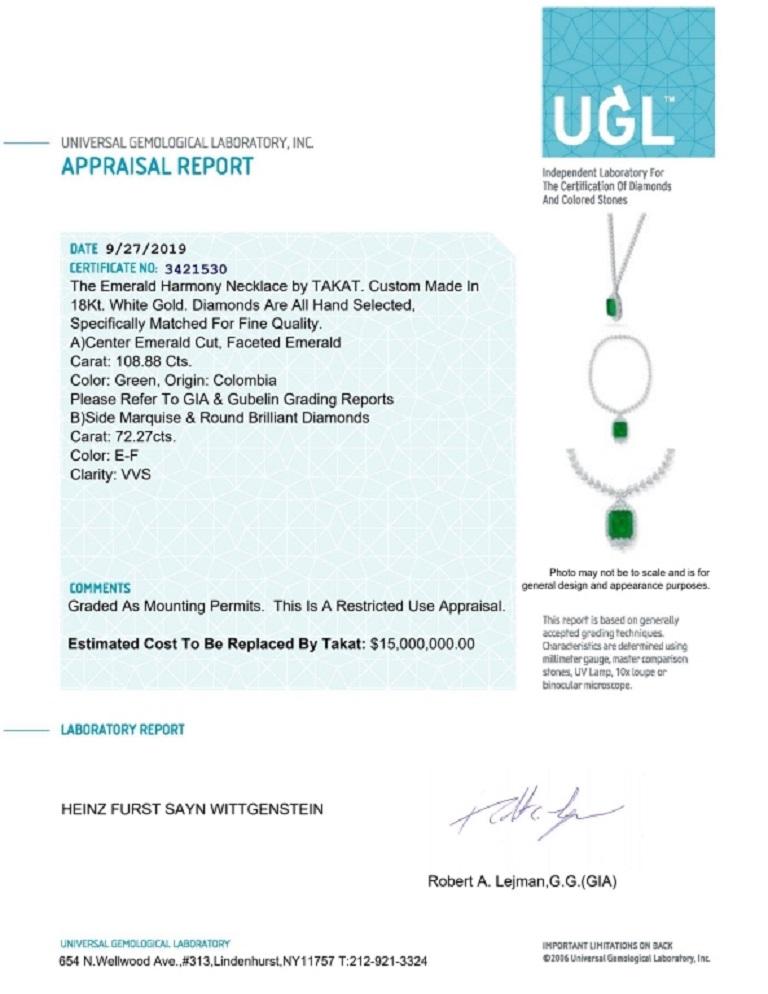 18 Karat Weißgold 108,88 Karat Smaragd und 72,27 Karat Diamant Harmony Halskette im Zustand „Hervorragend“ im Angebot in Dania Beach, FL