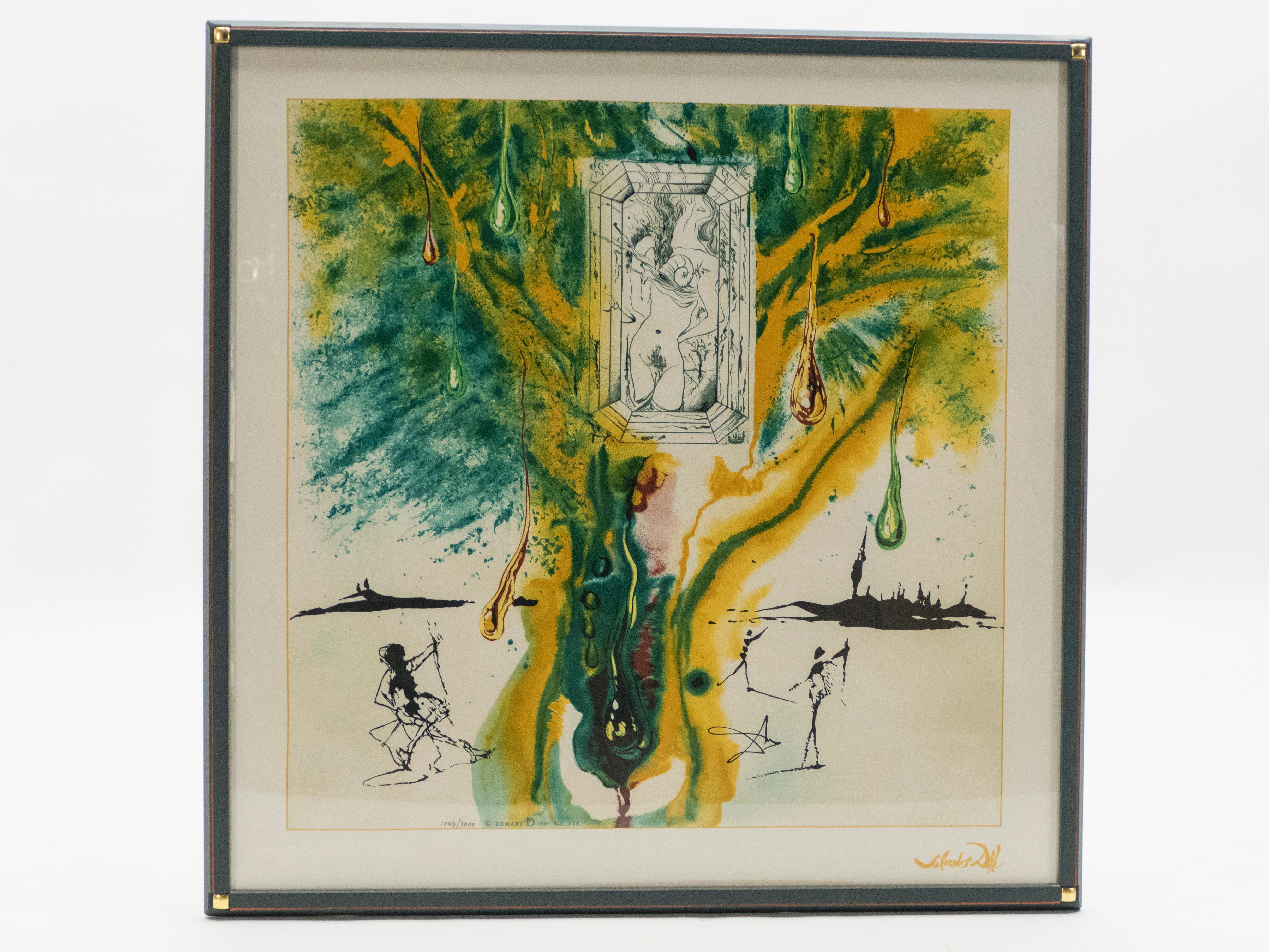 Beautiful Salvador Dali surrealist serigraphy on silk from the series “Alchemy of the Philosophers” in 1976. This is the number 1044 of an edition of 2000 by Demart from 1989. Dimensions of the frame: H 37 in. x W 37 in. 
  