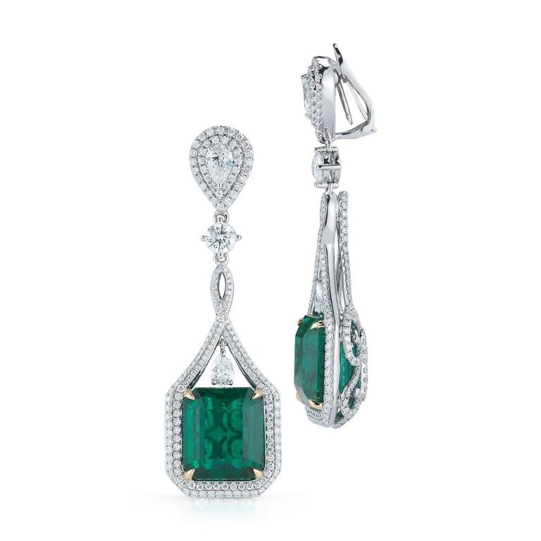 THE EMERALD REVELATION EARRINGS A luxurious drape is what elevates these elegant Emerald and diamond earrings to the next level. Item: # 01943 Metal: 18k W / Y Lab: Gia Color Weight: 24.05 ct. Diamond Weight: 6.95 ct.




