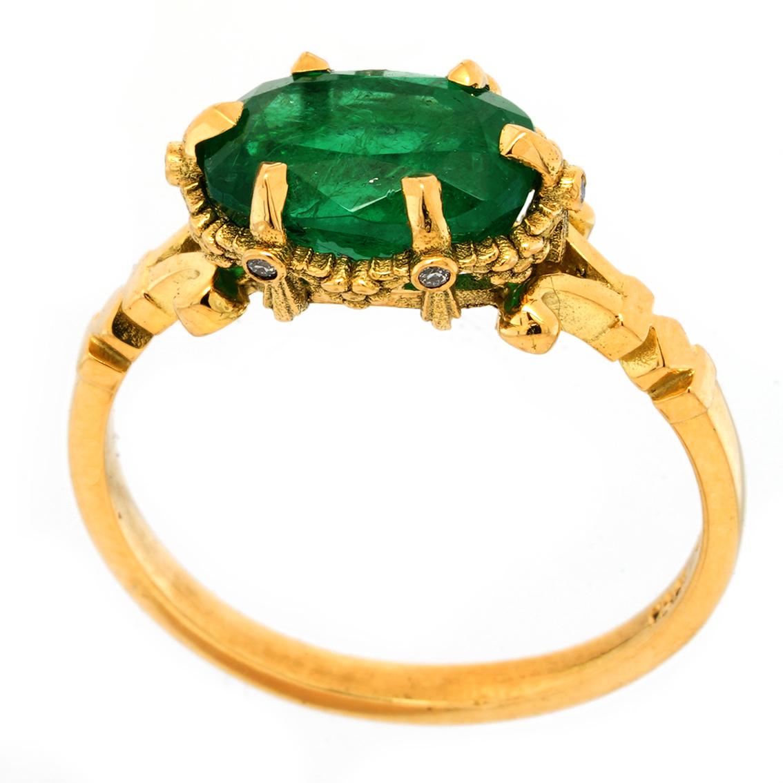 The emerald tablet was an hermetic text said to have been inscribed on a tablet of emerald and was reputed to contain the alchemical secrets behind the creation of the world. 

Exquisitely handcrafted in 18kt yellow gold this otherworldly ring