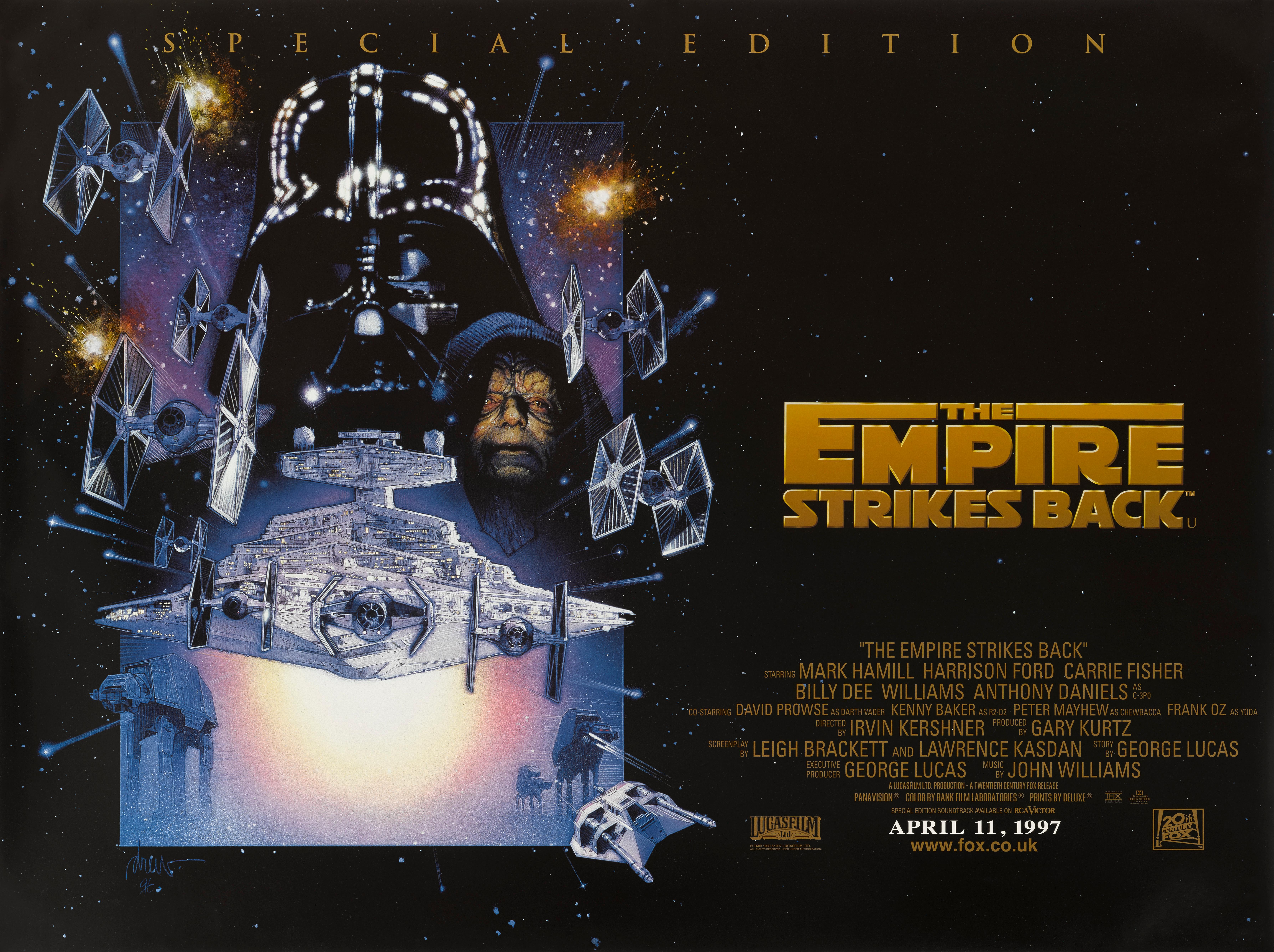 Original British film poster designed by Drew Struzan (b.1947) for the re-release of the film in 1997.
The Empire Strikes Back also known as (Star Wars: Episode V, The Empire Strikes Back) this was the second movie in the Star Wars saga staring