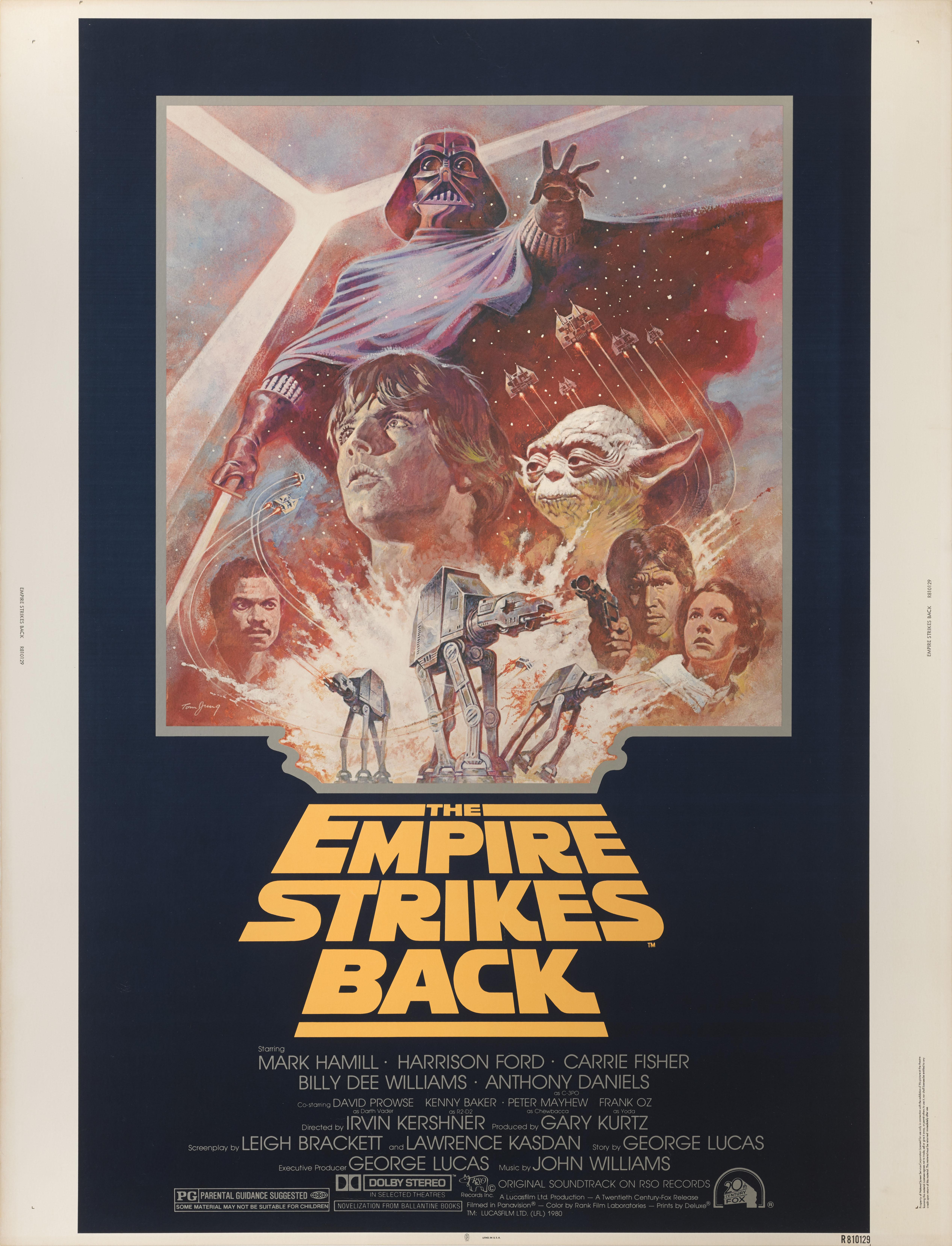 Original US-Filmplakat für Das Imperium schlägt zurück, auch bekannt als (Star Wars: Episode V, Das Imperium schlägt zurück), der zweite Film der Star Wars-Saga mit Mark Hamill, Harrison Ford, Carrie Fisher und Billy Dee Williams. Die Illustrationen