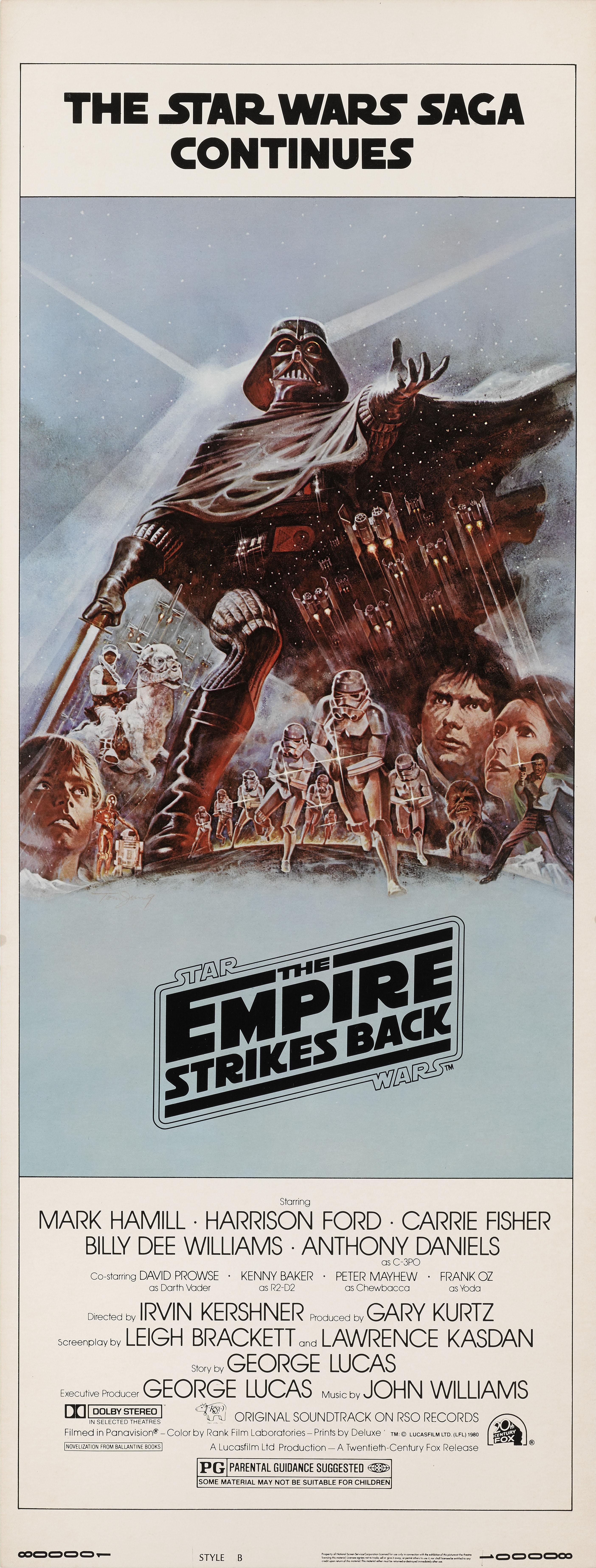 Cartel de cine original estadounidense estilo B (azul claro) de El Imperio Contraataca, también conocida como (Star Wars: Episodio V, El Imperio Contraataca), la segunda película de la saga Star Wars, protagonizada por Mark Hamill, Harrison Ford,