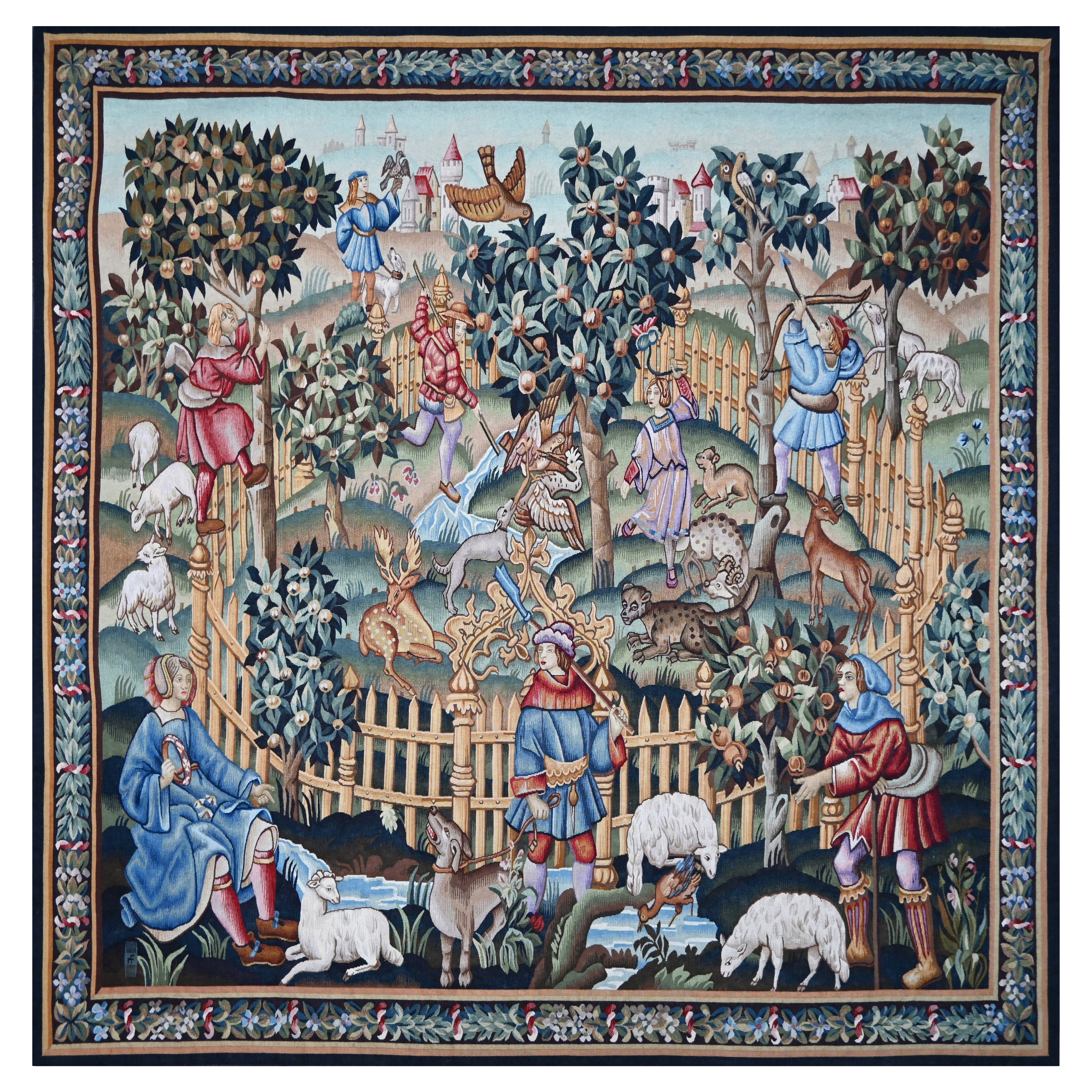 Le parc enchanté - Tapisserie française d'Aubusson Roubert FOUR - 175lx187h - N 1482 en vente