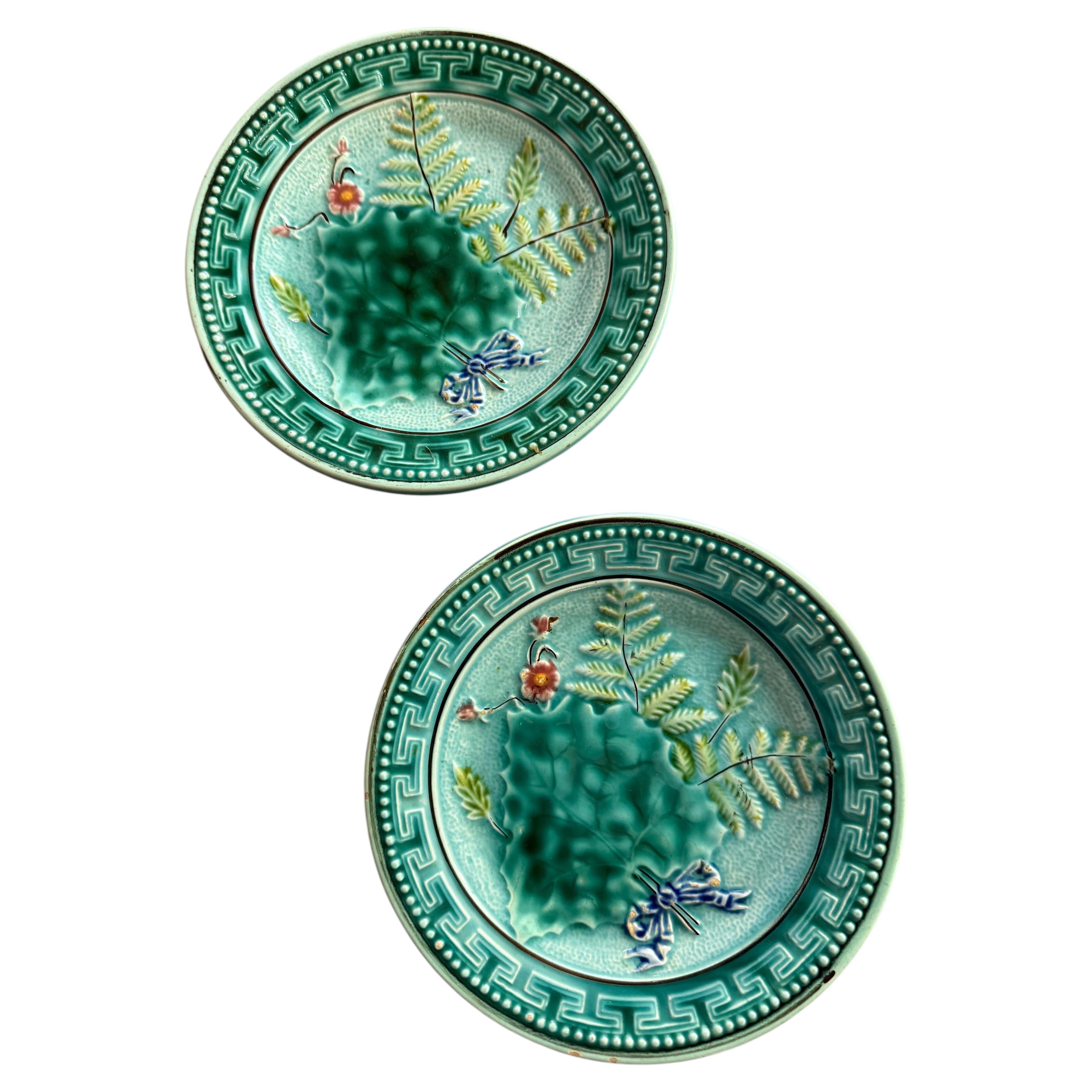 Antique Villeroy & Boch Majolica Plates, Botanical Design, 1883-1912